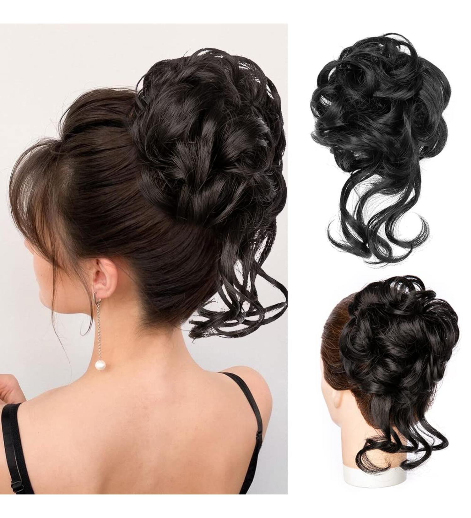 2PCS Messy Bun Hair Pieces for Women - Natural Black & Dark Brown Curly Updo Scrunchies | Synthetic Hair Buns for Chignon Hairstyles - Buy Online on GoSupps.com