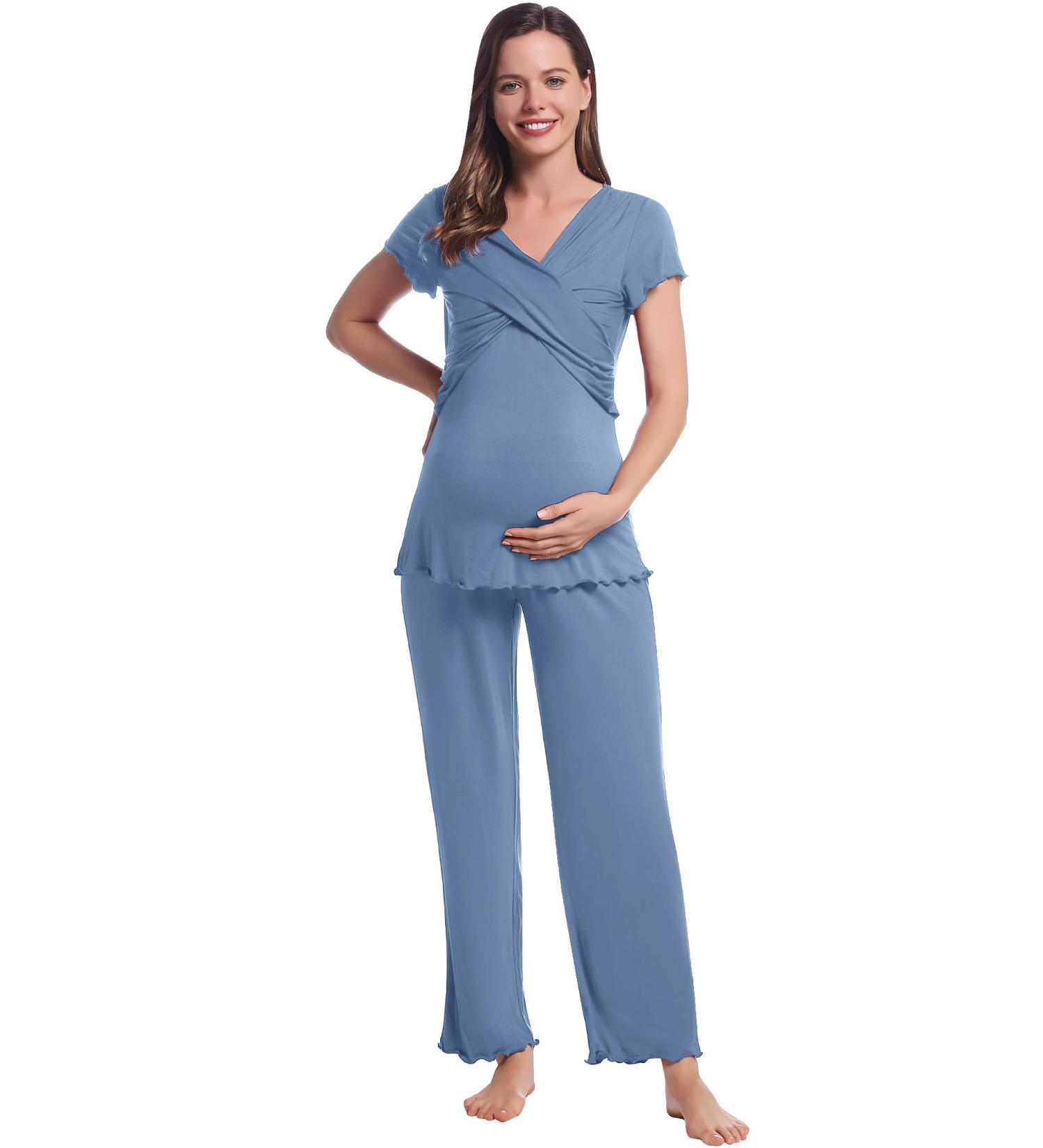 Maternity Pyjama Set: Short Sleeve Tops & Long Pants | Summer Cool, Moisture-Wicking Sleepwear for Pregnancy, Nursing, & Postpartum | XXL, Dusty Blue - Buy Online on GoSupps.com