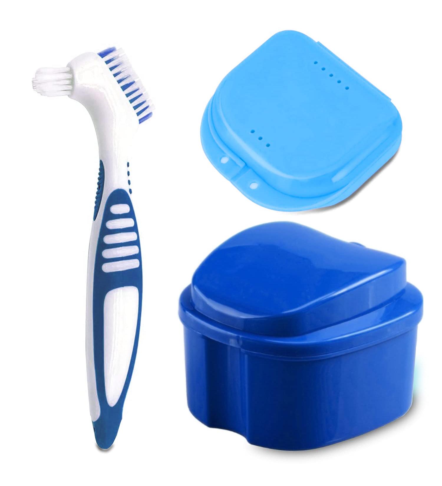 Denture Bath Case with Cleaner Brush & Holder - Travel Set for Dentures, Braces & Retainers (Navy Blue) - Buy Online on GoSupps.com