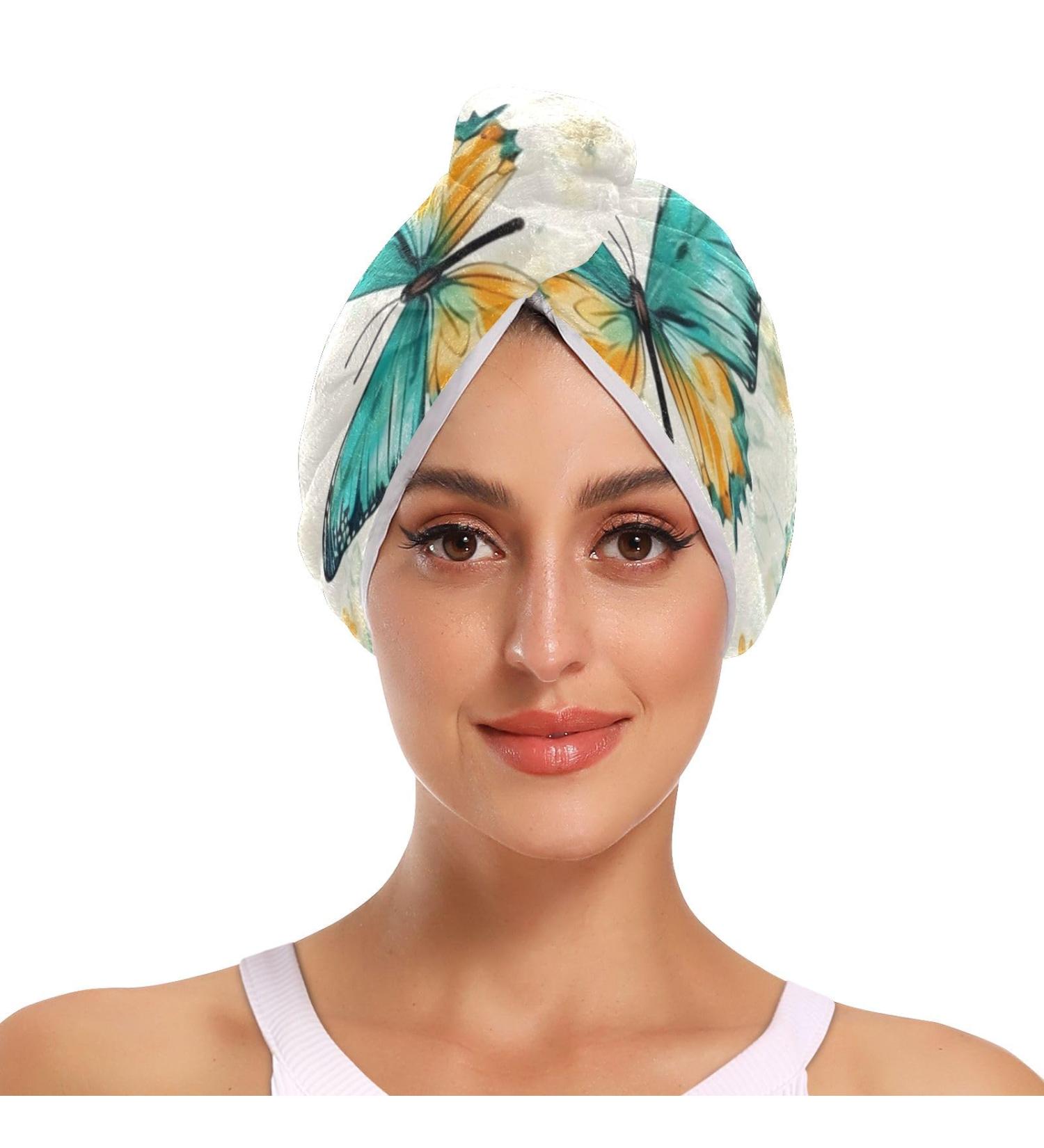Summer Teal Gold Butterflies Hair Towel Set - 2 Pack Super Absorbent Quick Dry Hair Turbans for Women & Girls - Buy Online on GoSupps.com