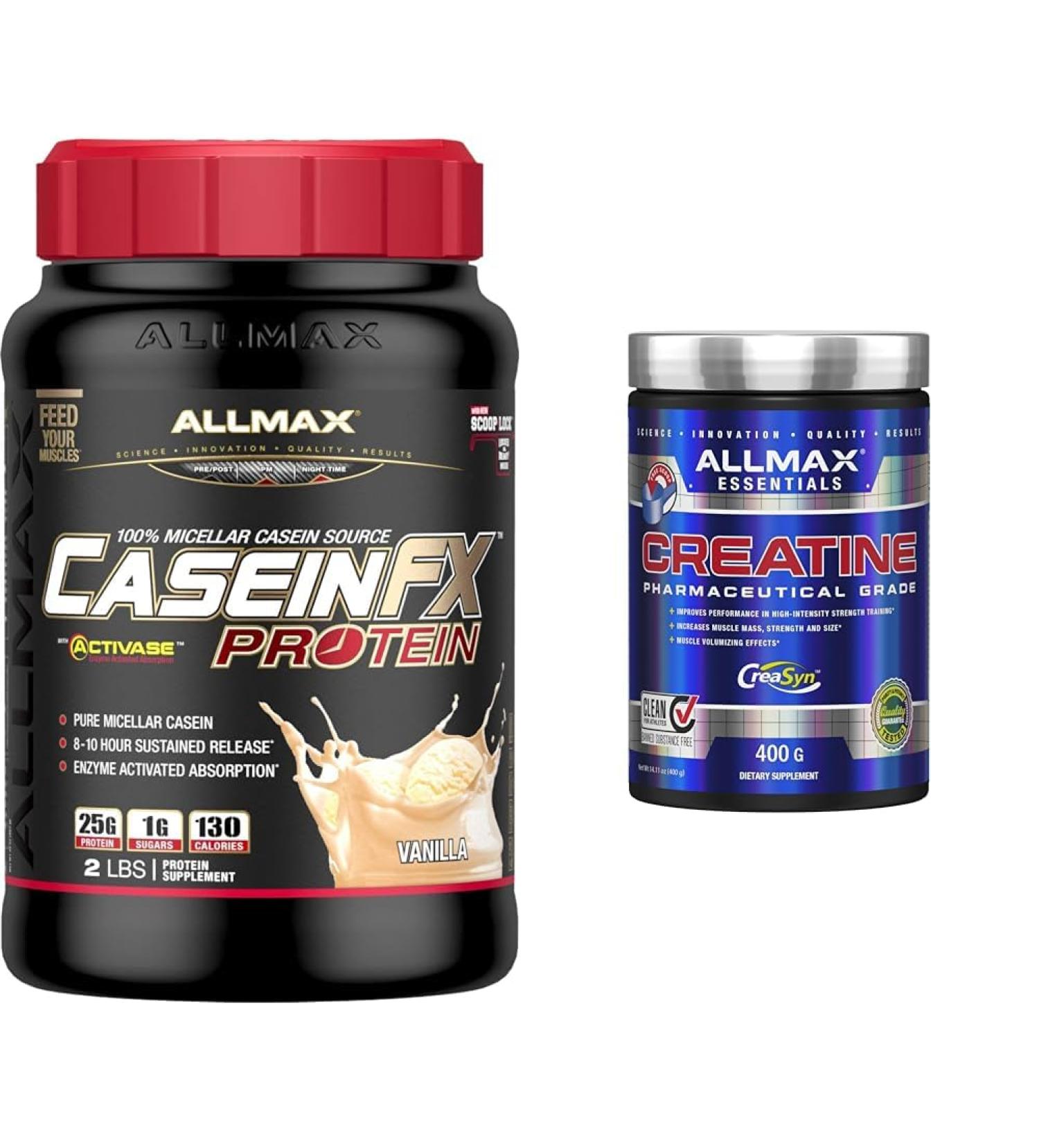 ALLMAX CASEIN-FX Vanilla 2lb & Creatine Monohydrate Micronized Creatine Powder for Strength and Muscle Recovery Gluten Free & Fast Absorbing 400g - Buy Online on GoSupps.com