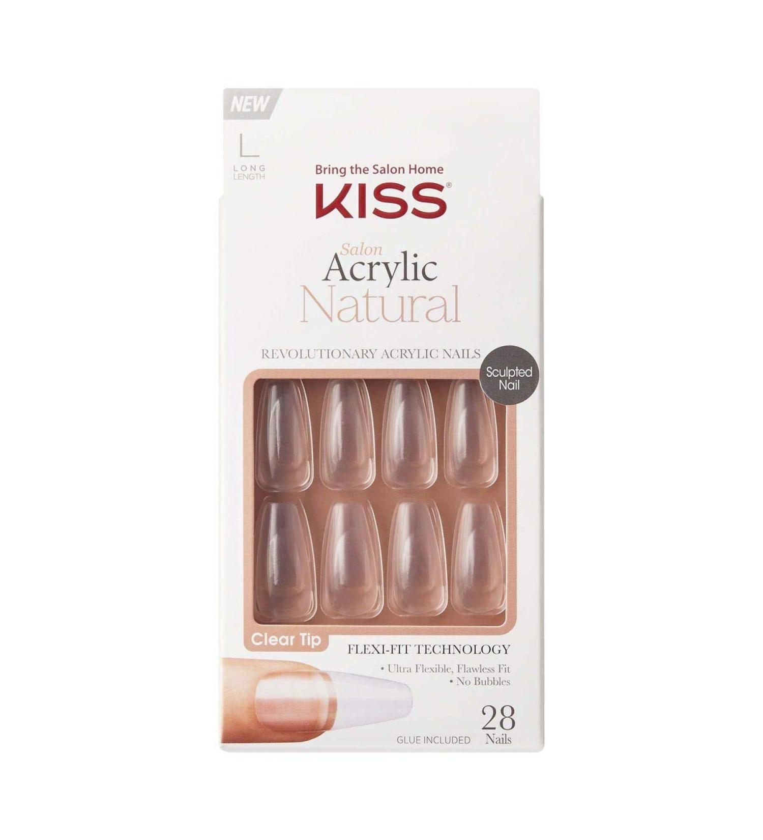 KISS Salon Acrylic Natural Nails Clear Tip Long | DIY Manicure Kit with Pink Gel Glue | 28 Nails in 14 Sizes - Buy Online on GoSupps.com