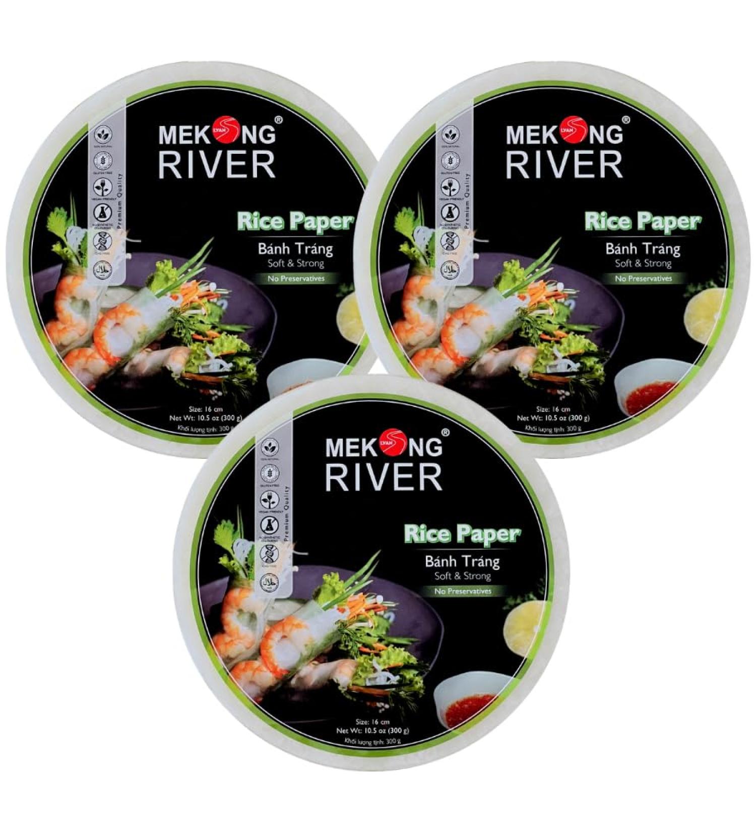 Lyan Mekong River Banh Trang Vietnamese Rice Paper Round 16cm - 300g - Pack of 3 | Gluten-Free | Vegan | Halal | 100% Natural Rice Paper - Buy Online on GoSupps.com