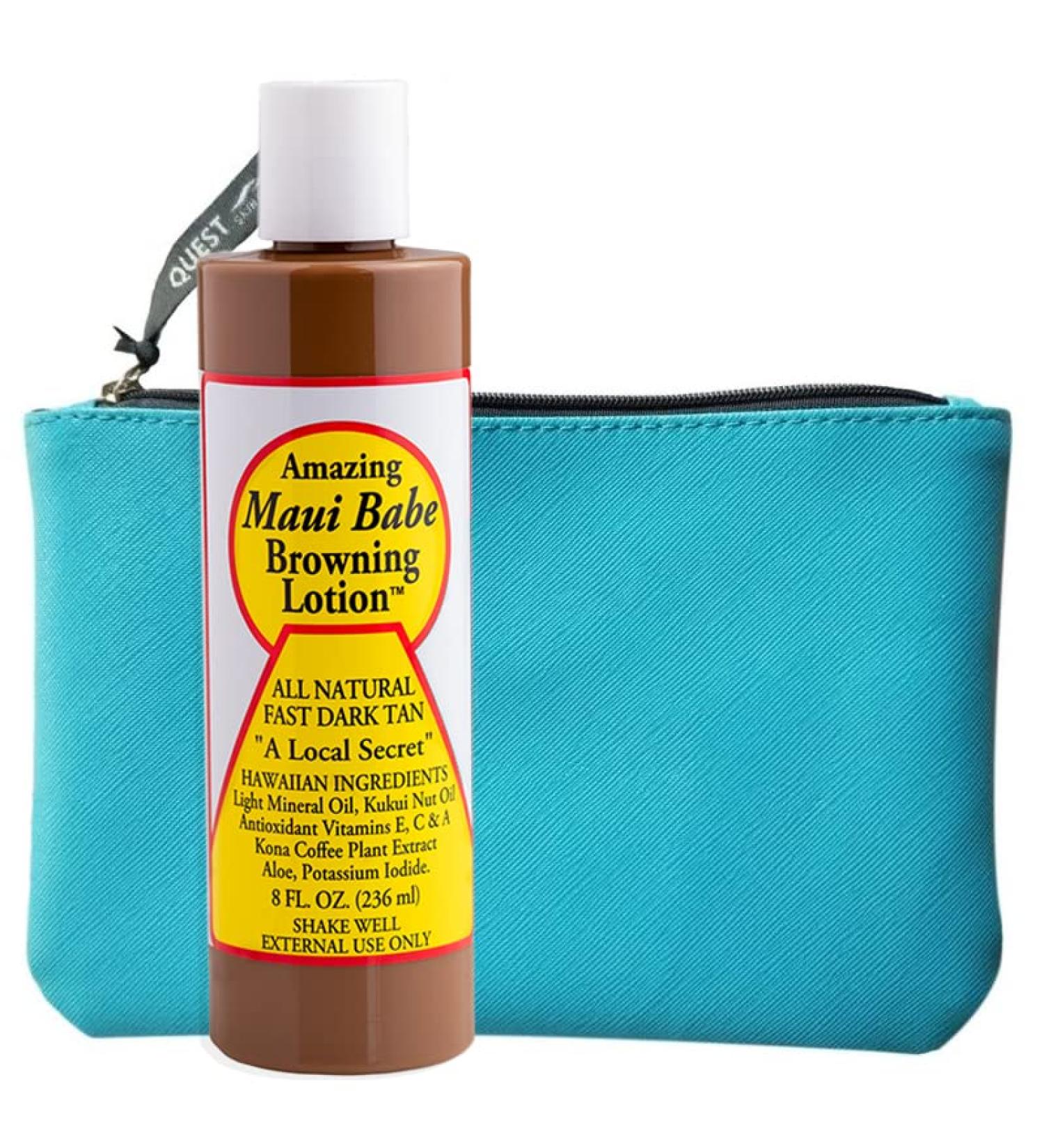 Maui Babe Tanning Browning Lotion Kit - 8oz Outdoor Tanning Lotion with Blue Makeup Bag - Hawaiian Dark Tanning Formula for Amazing Sun-Kissed Glow - Buy Online on GoSupps.com