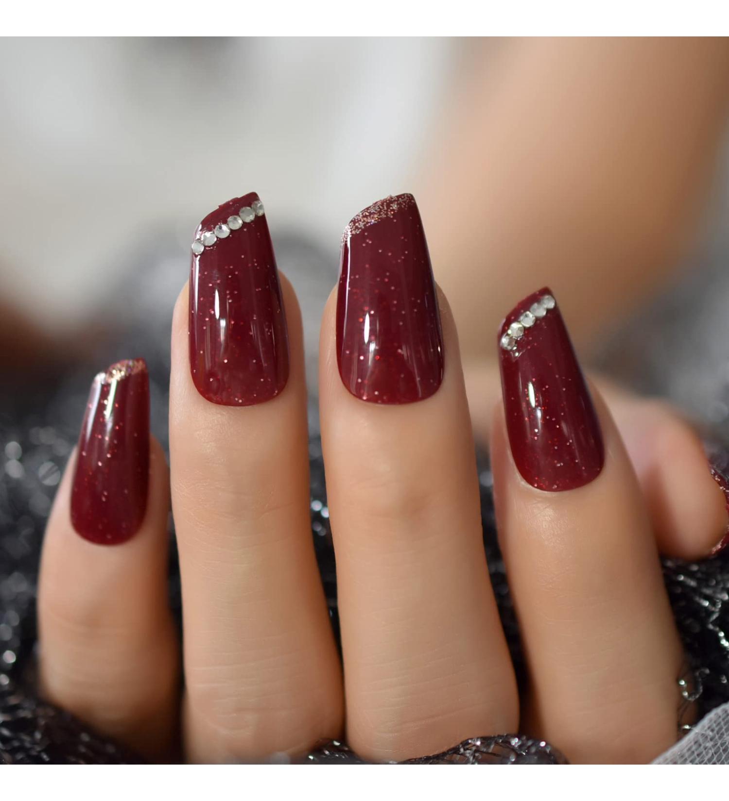 Burgundy Galaxy Glitter Shiny Medium Length Fake Nails Set - 24 Rhinestone DIY Nail Art Tips - Buy Online on GoSupps.com