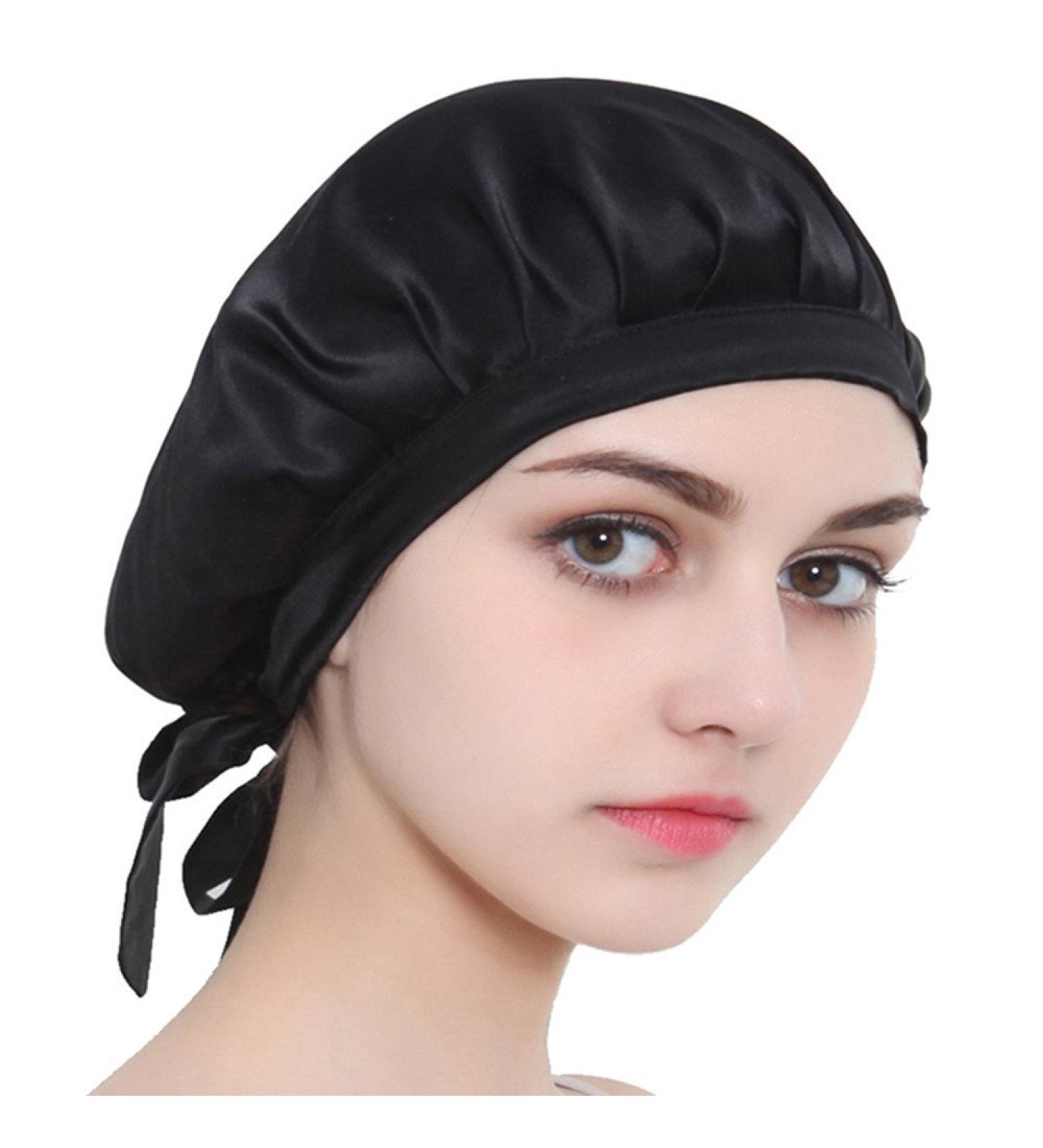 Silk Sleeping Cap for Women & Girls - Soft Hair Bonnet for Long Hair Care - Black - Buy Online on GoSupps.com