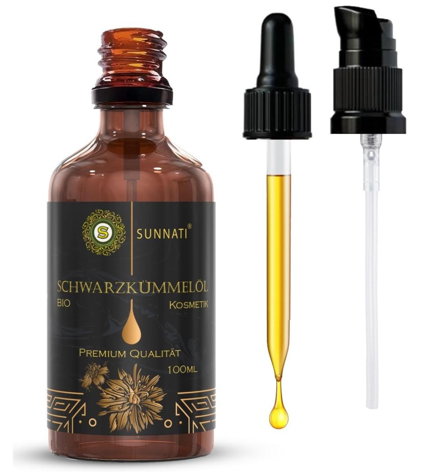 Sunnati Organic Black Cumin Oil for Hair and Skin 100 ml - Cold Pressed Pure Vegan - Healthy Hair Growth Intensive Care with Natural Care Oil - Organic Black Seed Oil Hair Growth - Buy Online on GoSupps.com