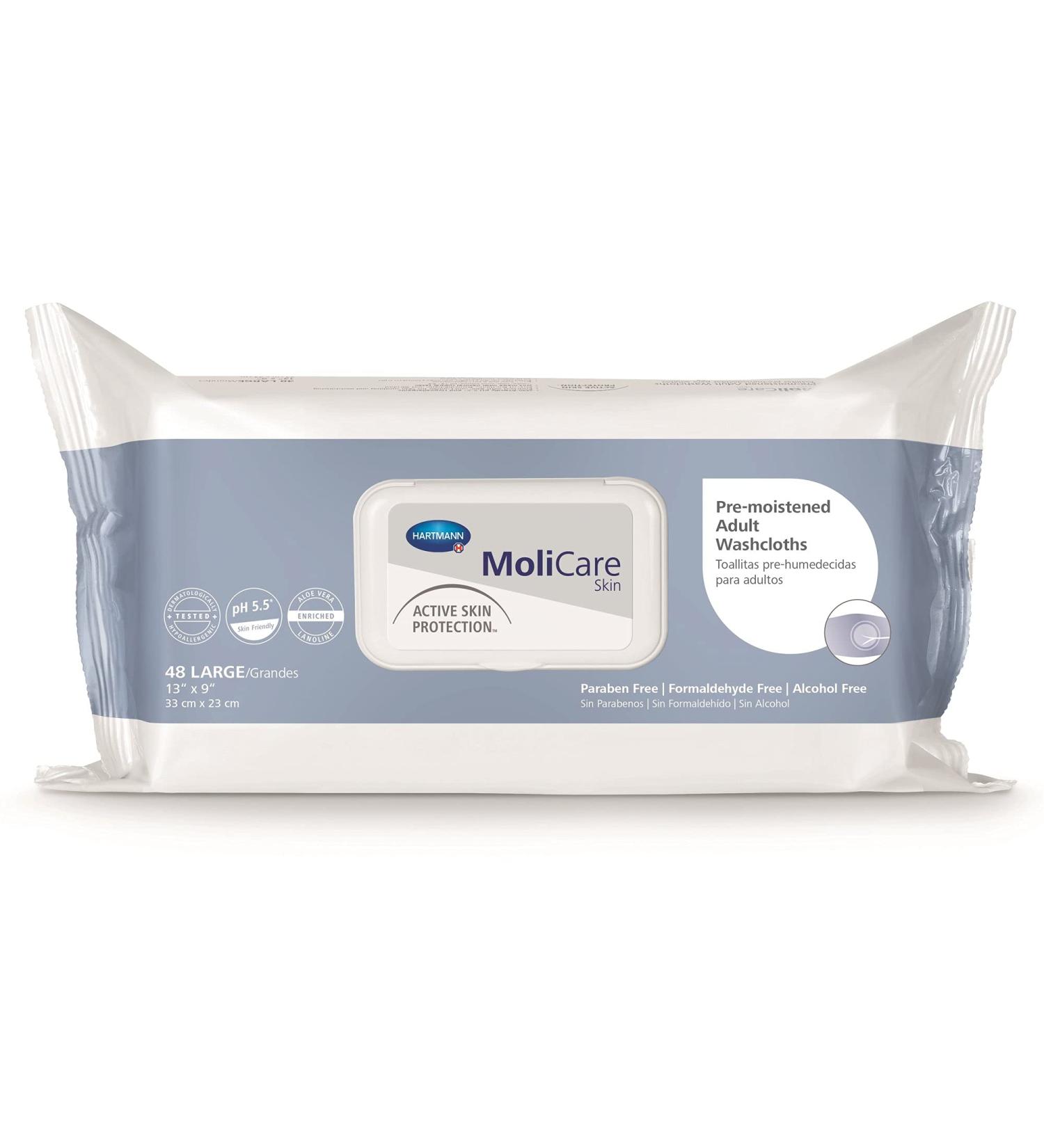 MoliCare Skin Washcloths with Aloe Vera & Lanolin - 48 Large 33x22 cm - Ideal for Gentle Skin Care & International Shipping - Buy Online on GoSupps.com