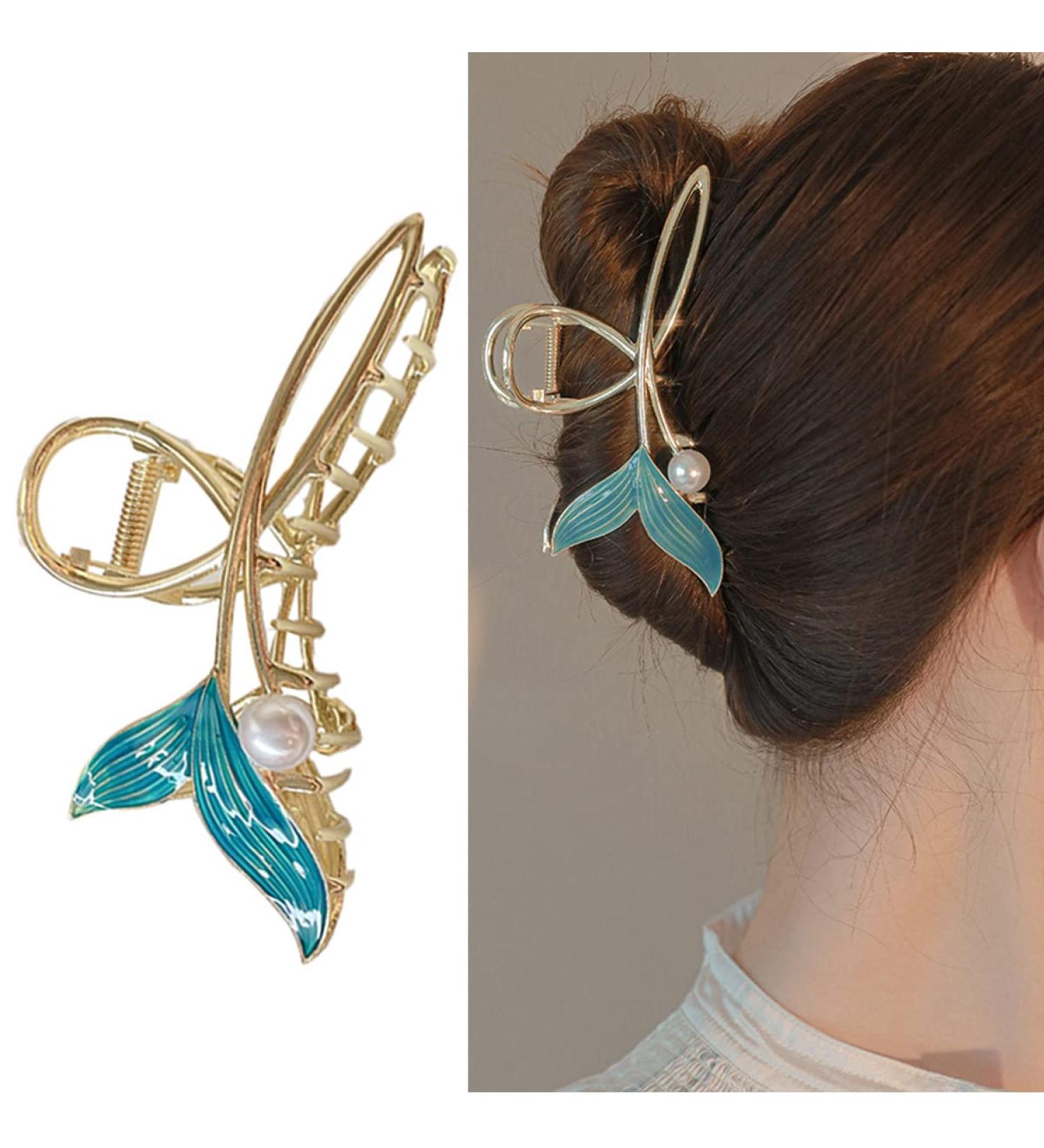 Blue Fish Tail Hair Clip with Pearl | Mermaid Hair Claw for Women | Large Gold Metal Clip for Strong Hold | Nonslip Hair Barrette Accessory - Buy Online on GoSupps.com