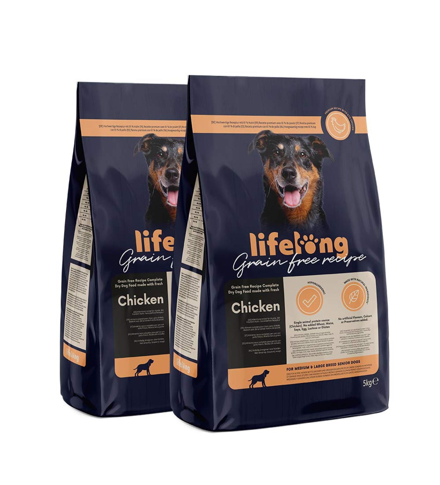 Amazon Brand - Lifelong Complete food for senior dogs of medium and large breeds without cereals made with fresh chicken meat - 5kg*2 - Buy Online on GoSupps.com