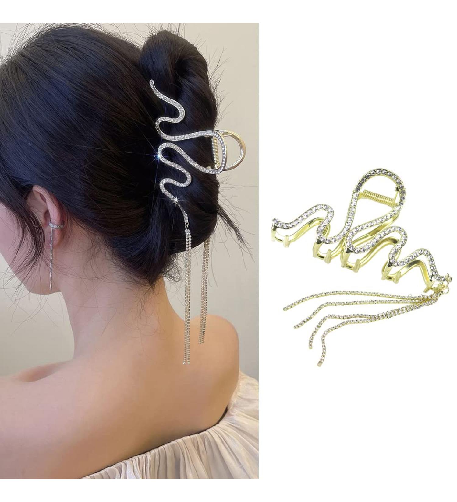 Rhinestone Tassel Metal Snake Hair Claw Clip - Glitter Gold Hair Accessory Barrette for Women and Girls - Buy Online on GoSupps.com