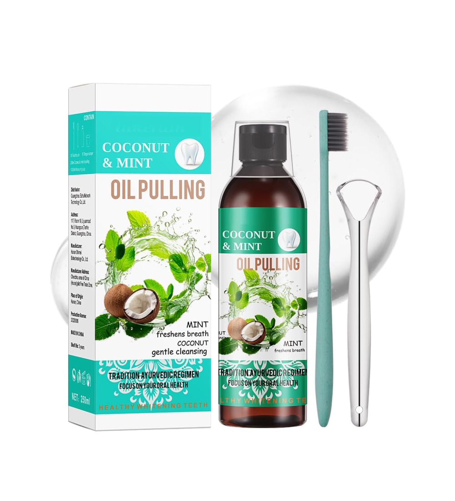 Coconut Oil Pulling Mouthwash - Mint Flavor Alcohol-Free Teeth Whitening & Tongue Scraper Set for Fresh Breath - Buy Online on GoSupps.com