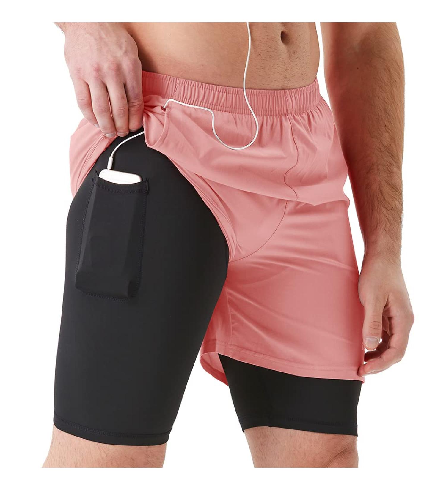 TENJOY Men's 2 in 1 Running Shorts - Quick Dry Gym Athletic Workout Shorts in Light Pink - Medium Size - Buy Online on GoSupps.com