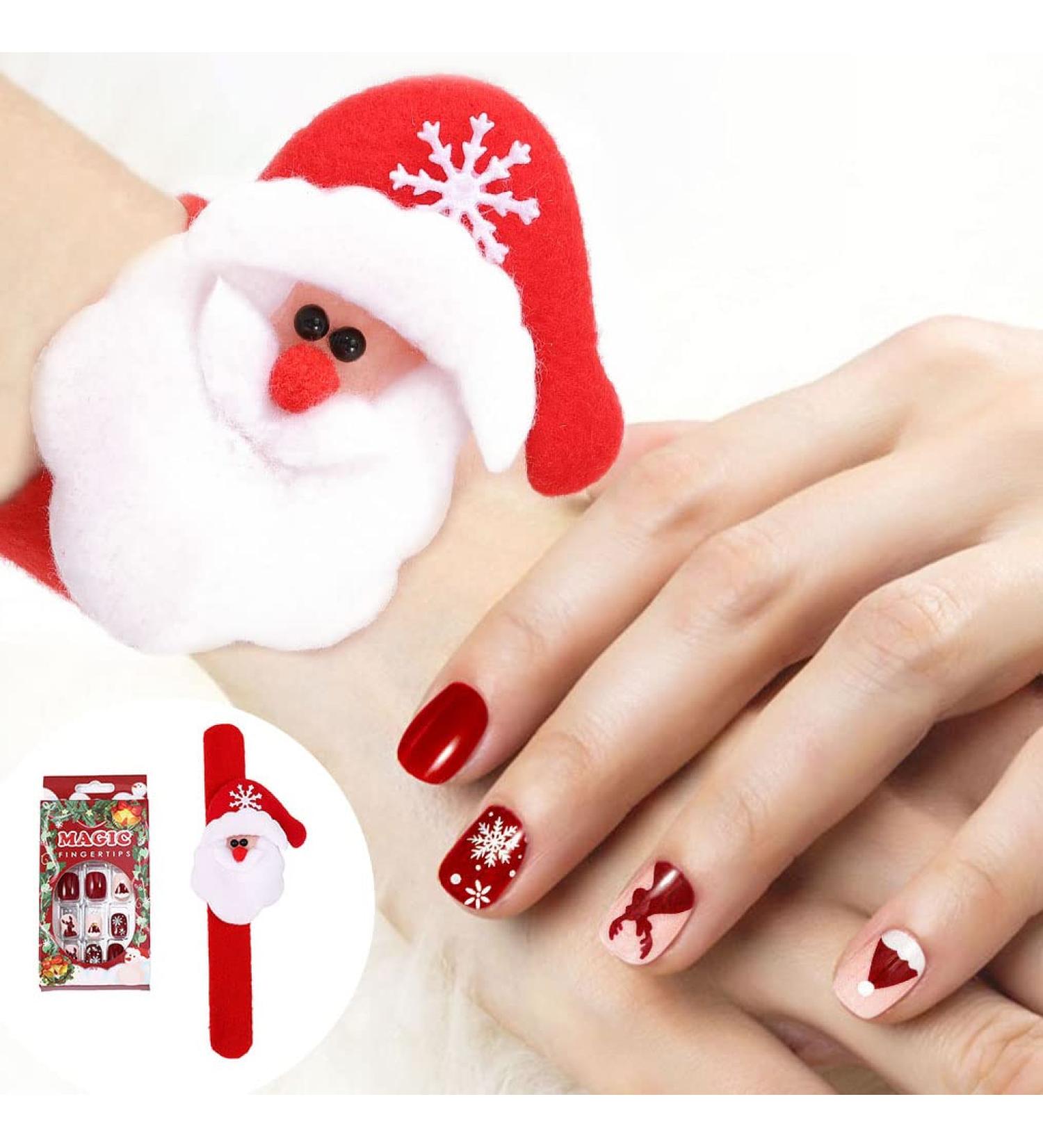 Christmas False Nails - Red Press on Nails with Snowflakes, Elk, and Snowman Design (24pcs) - For Women and Girls - Buy Online on GoSupps.com