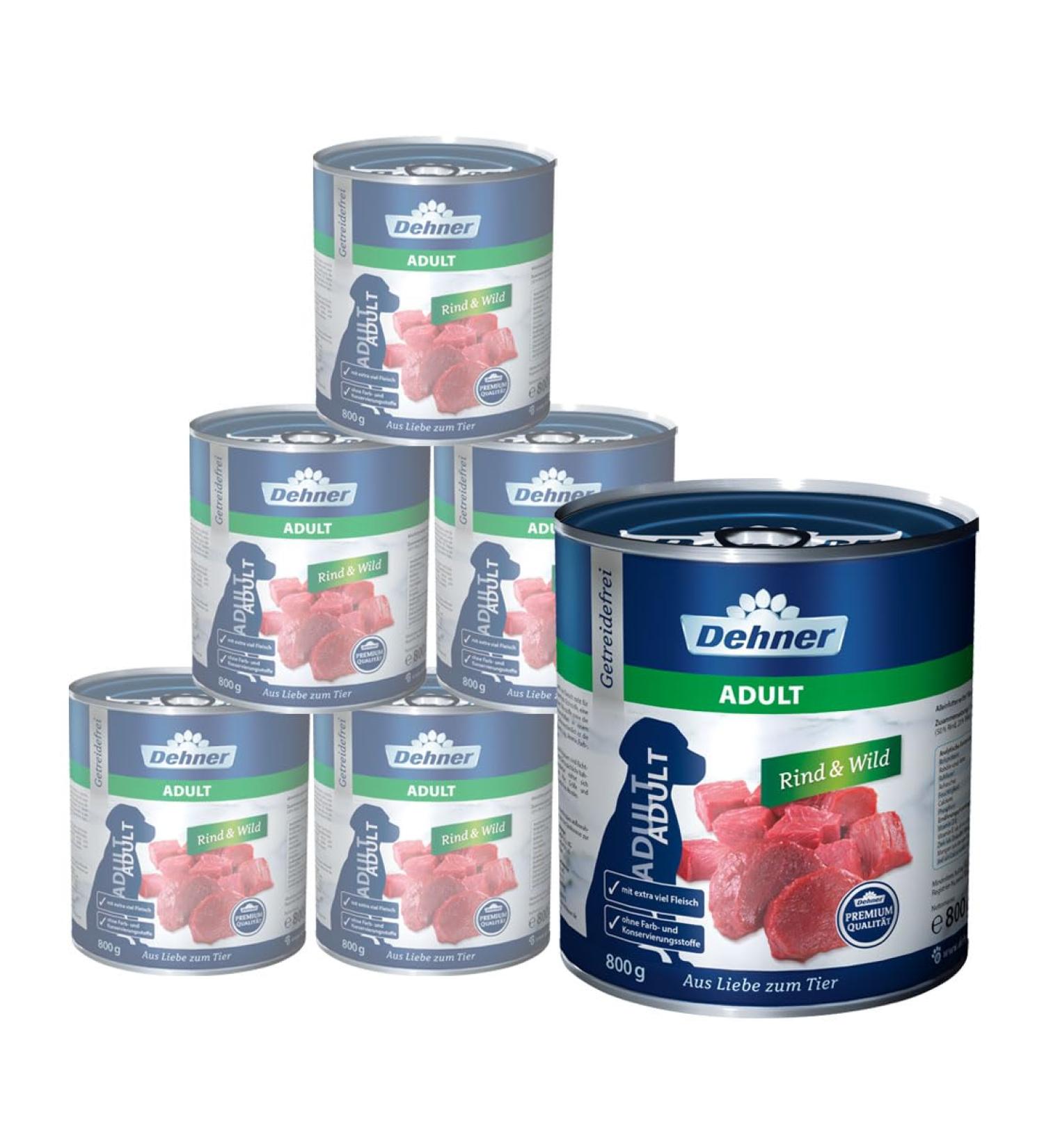 Dehner Premium Wet Dog Food for Adults - Beef & Wild 6-Pack (800g each) | Grain-Free Allergy-Friendly No Artificial Additives High Meat Content - Buy Online on GoSupps.com
