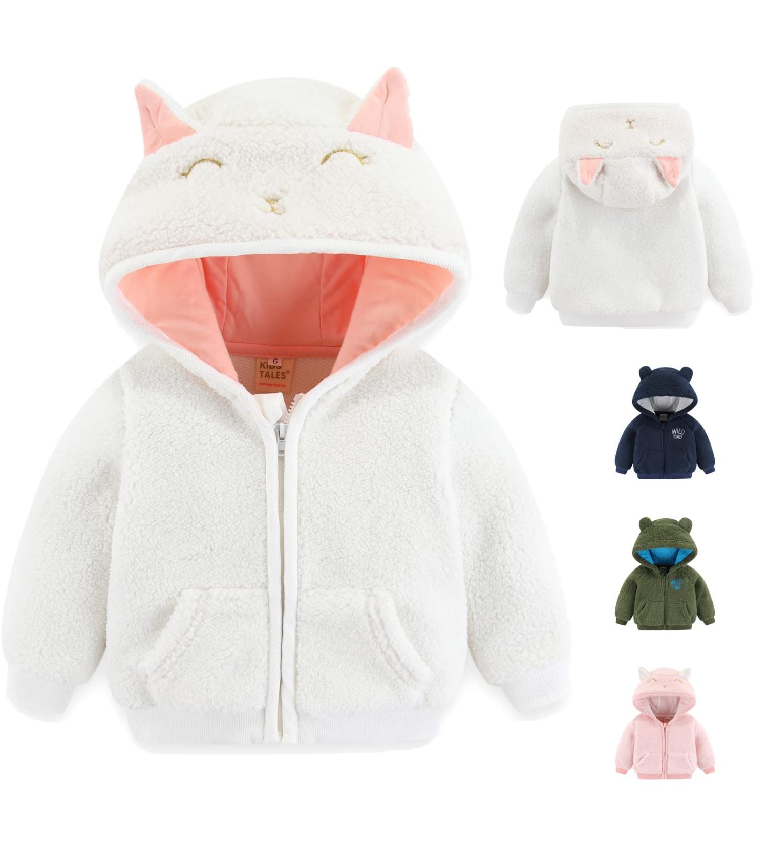 Cartoon Fleece Hooded Jacket for Newborns & Toddlers | Warm Baby Outwear with Ears | Zip-Up Coat 0-6Y | White - Buy Online on GoSupps.com