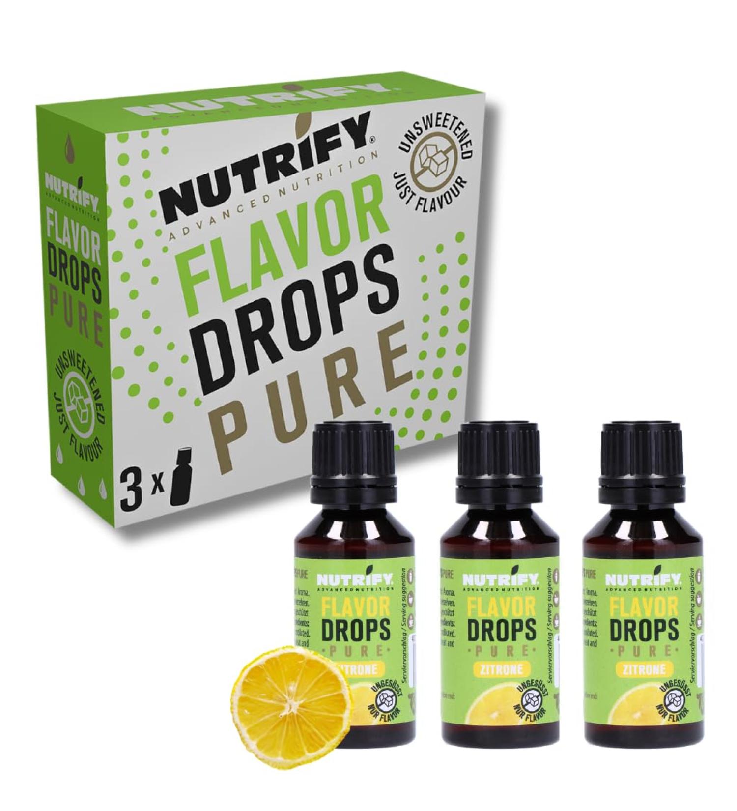 Nutrify Flavor Drops Pure Set Lemon - 3x30ml Vegan & Sugar-Free Aroma Drops for Food & Drinks - Calorie & Gluten-Free Flavoring - Buy Online on GoSupps.com