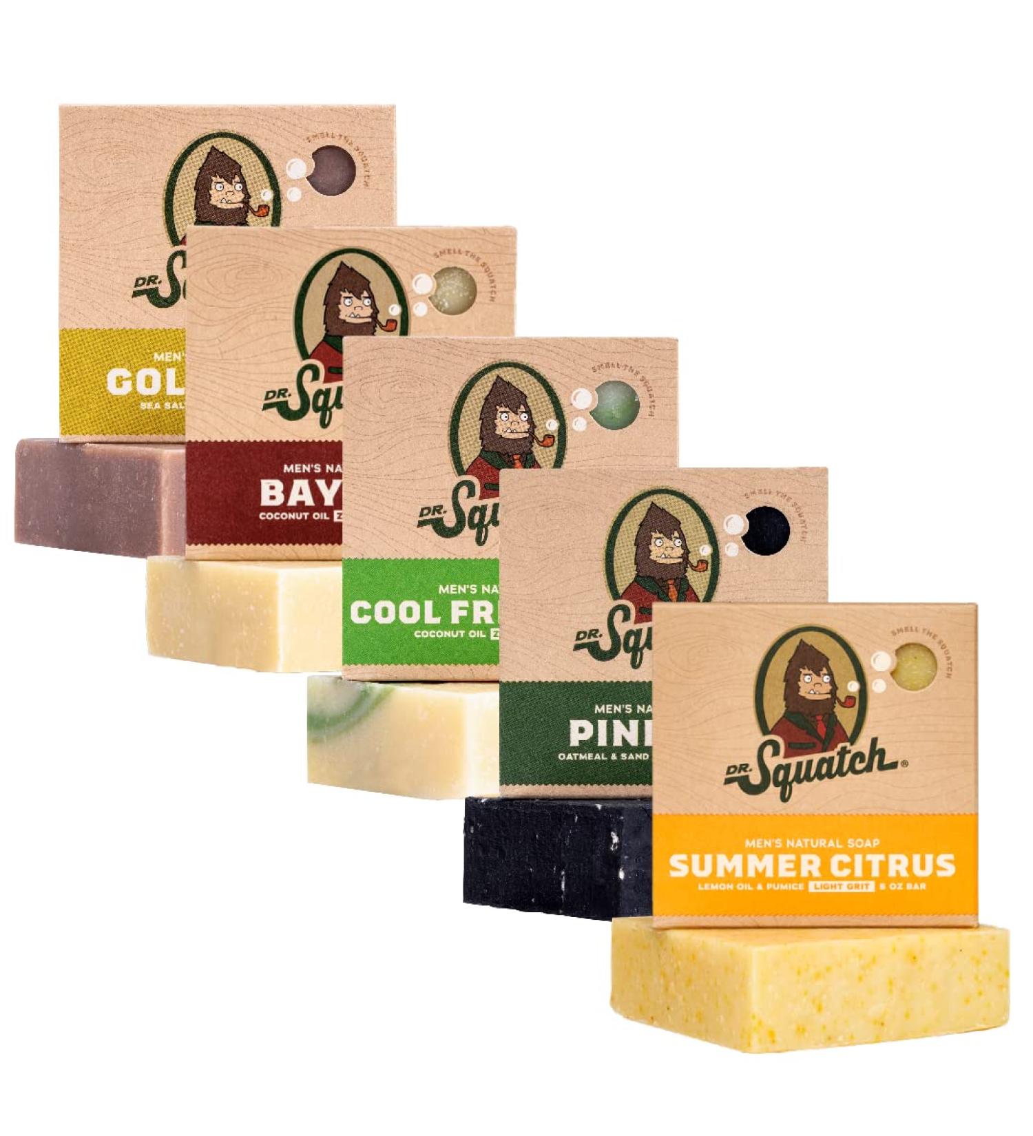 Dr. Squatch All Natural Men's Bar Soap Variety Pack - 5 Bars (Summer Citrus, Cool Aloe, Gold Moss, Bay Rum, Pine Tar) - Buy Online on GoSupps.com