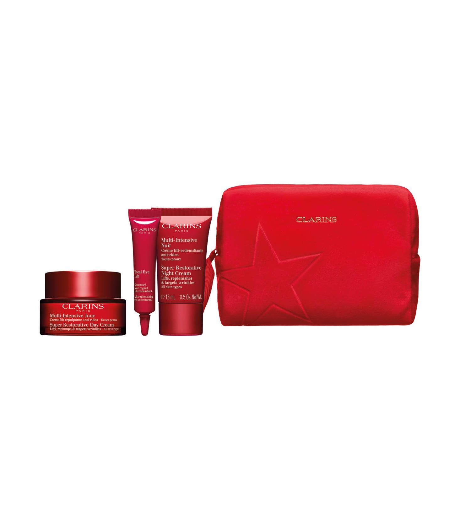Clarins Gift Set | Super Restorative Collection 72.9ml | Worth 137 | Super Restorative Day Cream - All Skin Types 50ml Super Restorative Night Cream 15ml Total Eye Lift 7ml - Buy Online on GoSupps.com