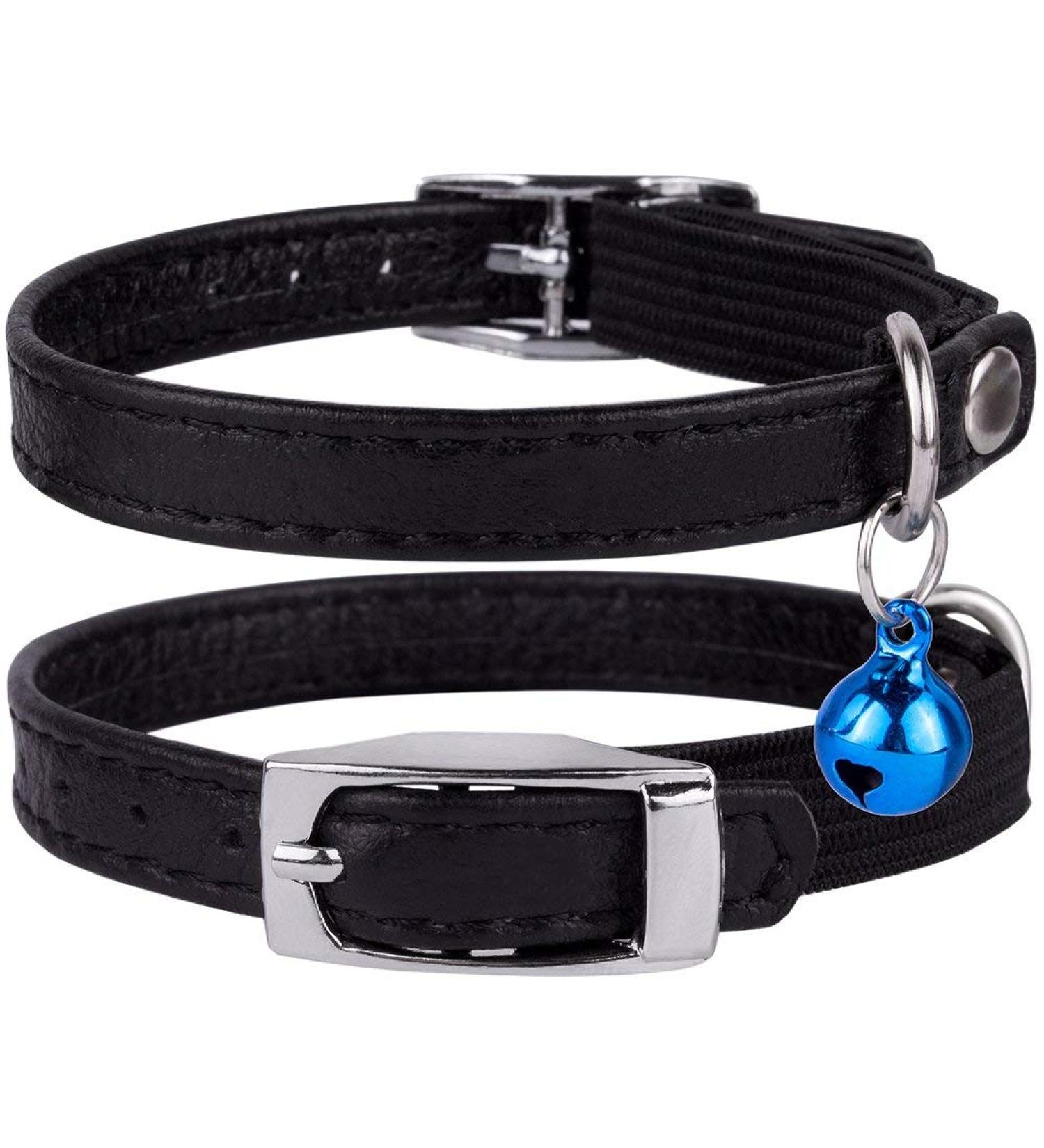 Collardirect Leather Cat Safety Collar with Elastic Belt & Bell | Adjustable 15-18 cm | Available in Black Blue Red Orange Green Pink - International Shipping - Buy Online on GoSupps.com