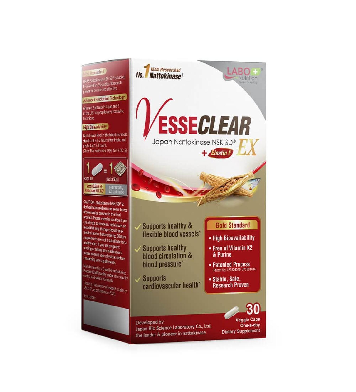LABO Nutrition VesseCLEAR EX - Nattokinase NSK-SD+Elastin F for Healthy Blood Vessels - Clinical Strength Cardiovascular Support - Japan's Most Trusted Formula - Buy Online on GoSupps.com