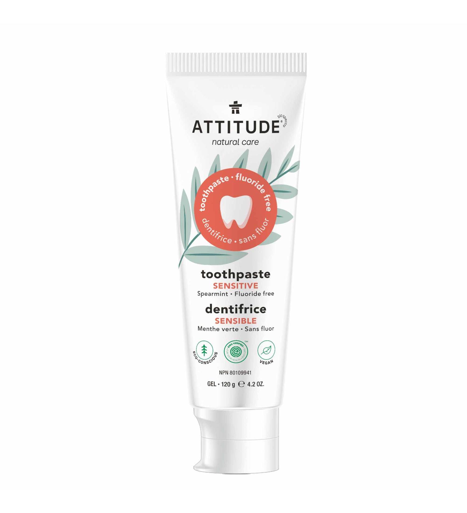 ATTITUDE Fluoride-Free Sensitive Toothpaste - Vegan, Cruelty-Free, Sugar-Free, Peppermint | 4.2 Oz - Buy Online on GoSupps.com