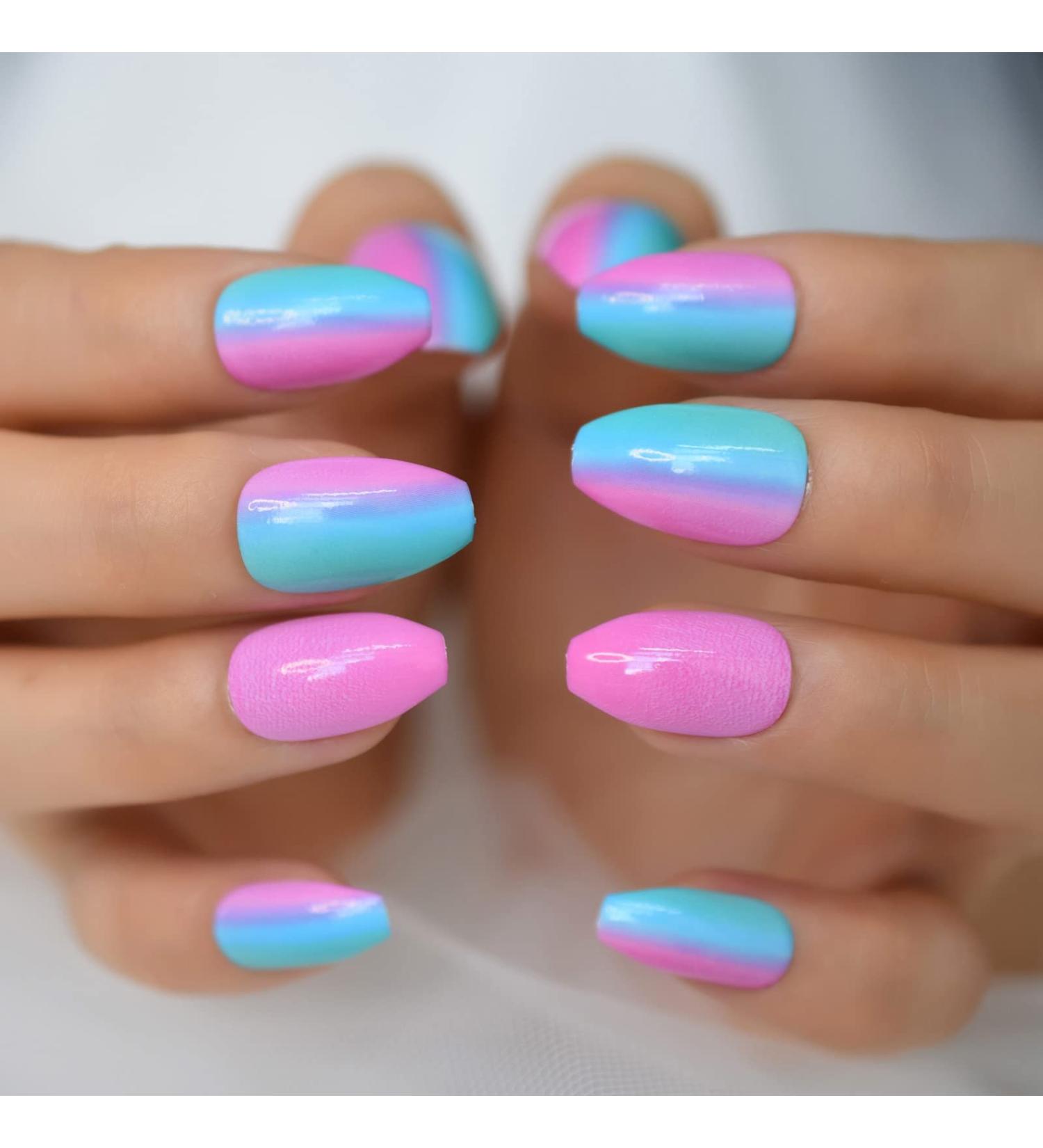 24pcs Chameleon Ombre Short Almond False Nails - Shiny Art Nails for Women & Girls | International Shipping - Buy Online on GoSupps.com