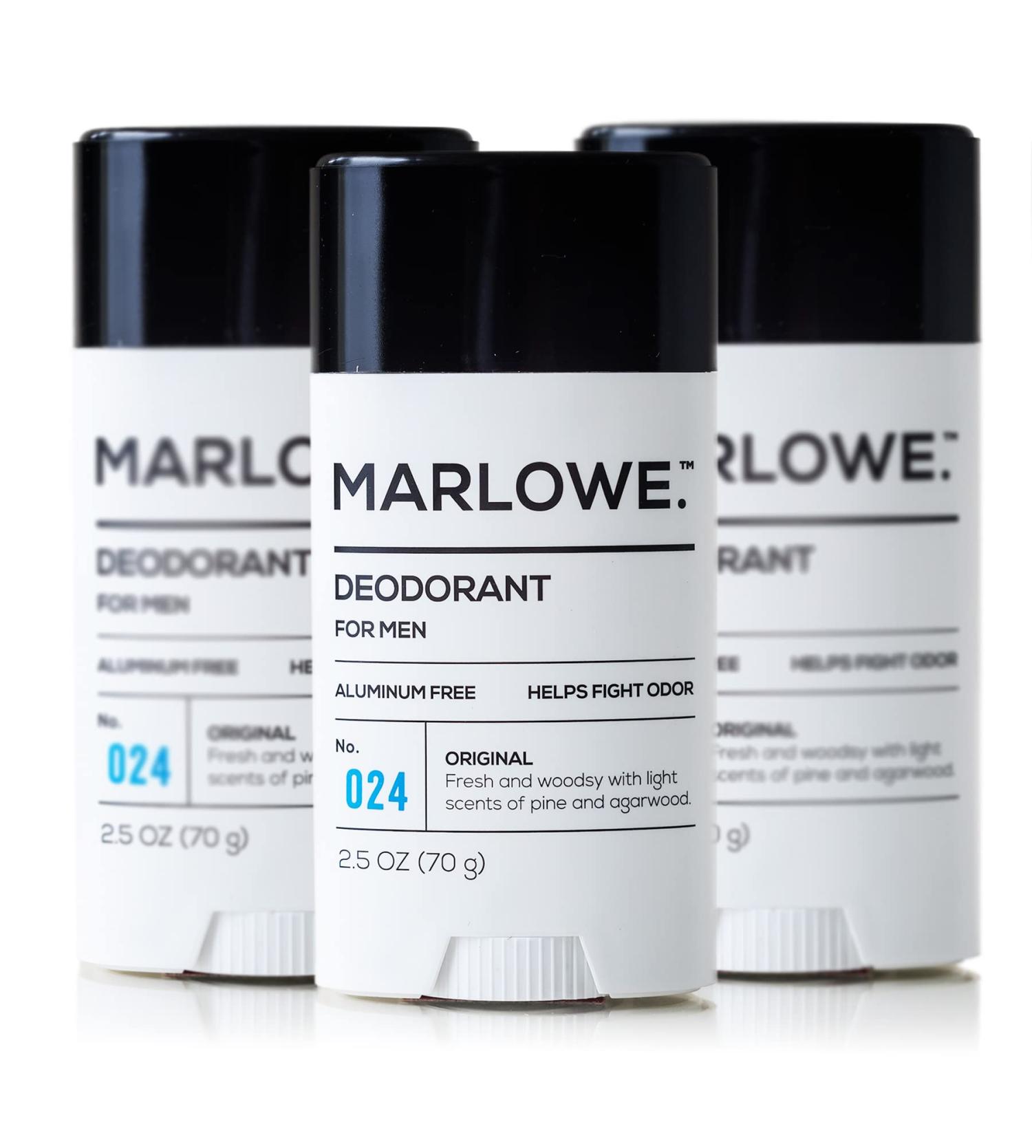 MARLOWE. No. 024 Natural Deodorant for Men 3-Pack | Aluminum Free Stick | Made with Coconut Oil Shea Butter Jojoba | Only No-Nonsense Ingredients that Work Best | Fresh & Woodsy Scent Original 3pack - Buy Online on GoSupps.com