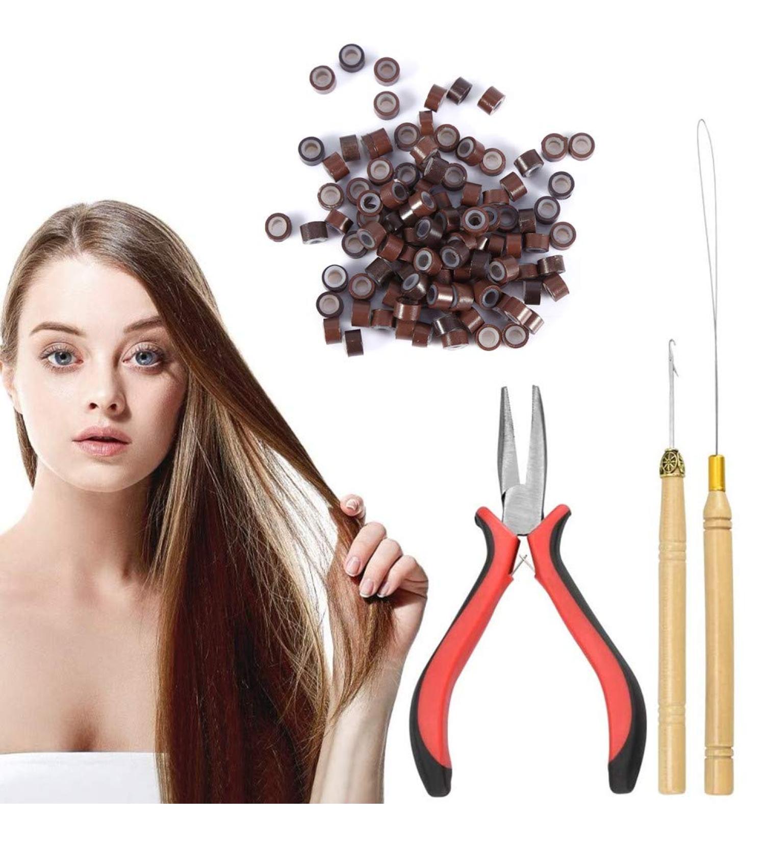 100 PCS Silicone Beads Hair Extension Kit - Micro Rings Hook Needle Pulling Loop & Plier Tool - Perfect for DIY Hair Extensions - Buy Online on GoSupps.com