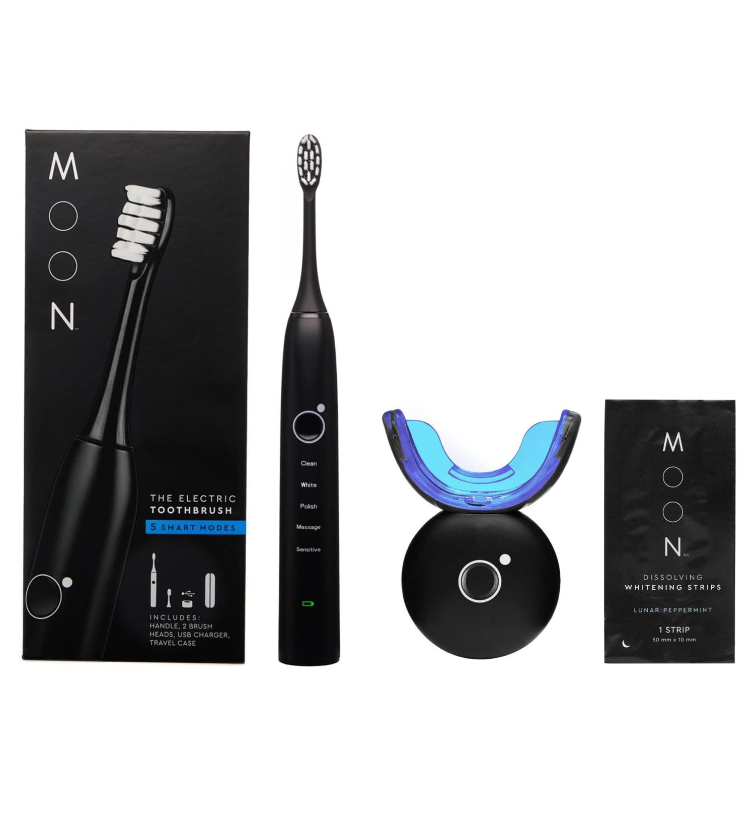 MOON Teeth Whitening Kit with LED Light and Black Sonic Electric Toothbrush for Adults Bundle