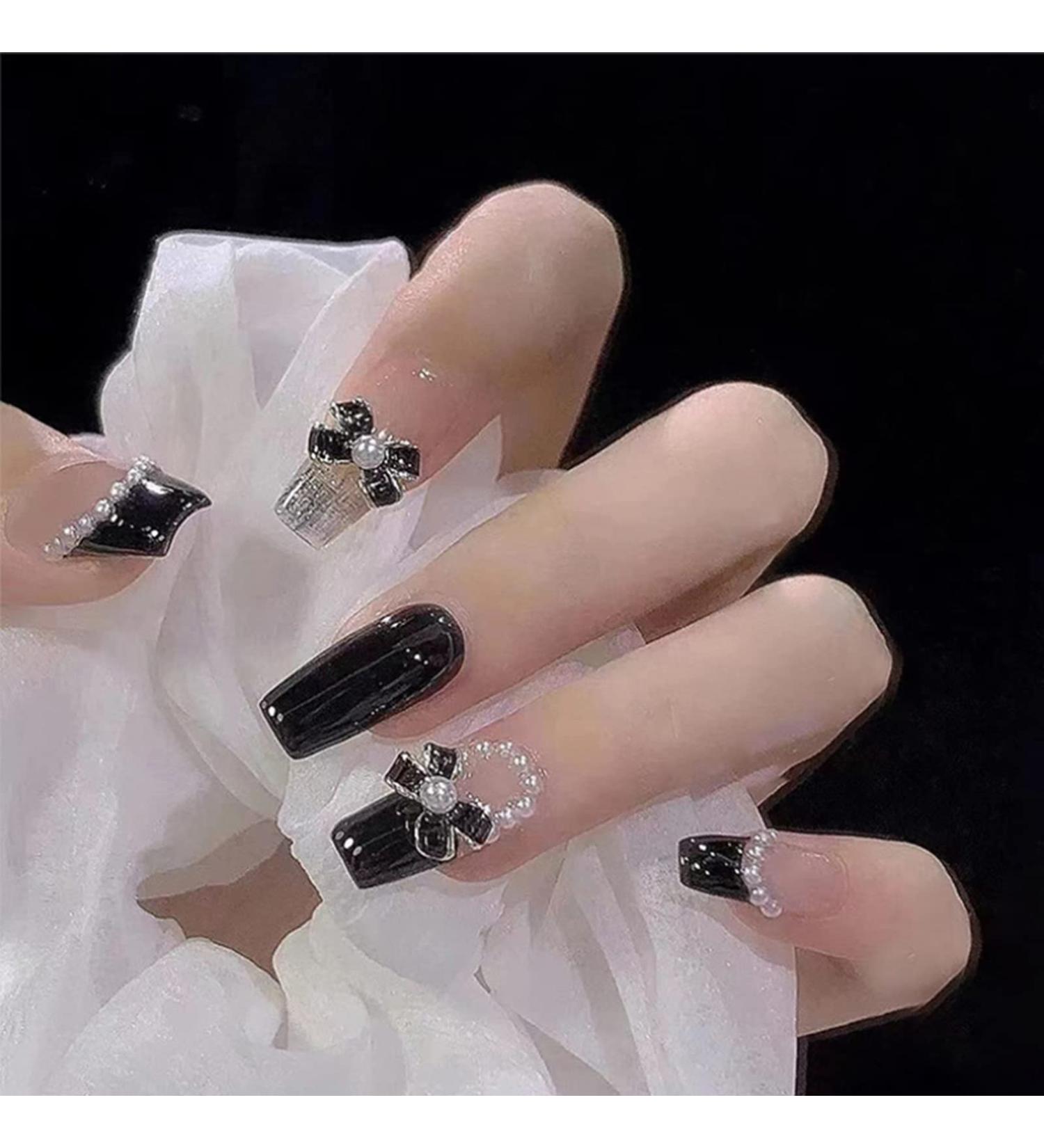 WOOXDYUK Nail Art Set - 24 Medium French Tip Press on Nails Dark Butterfly Design with Jelly Glue Nail Rub Alcohol Pack & Remover - Perfect for Stunning Nail Looks! - Buy Online on GoSupps.com