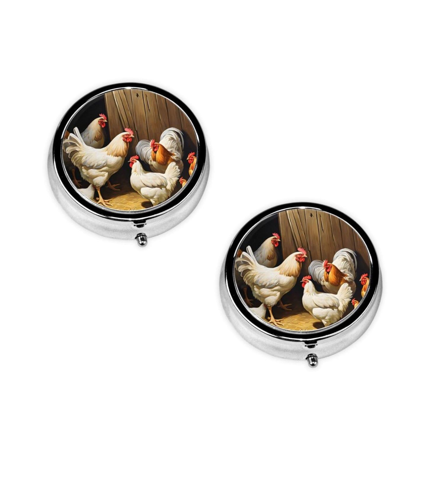 Farm Chickens Round Pill Box | 3 Compartment Mini Travel Medicine Organizer | Cute Pocket Purse Vitamin Holder - Buy Online on GoSupps.com