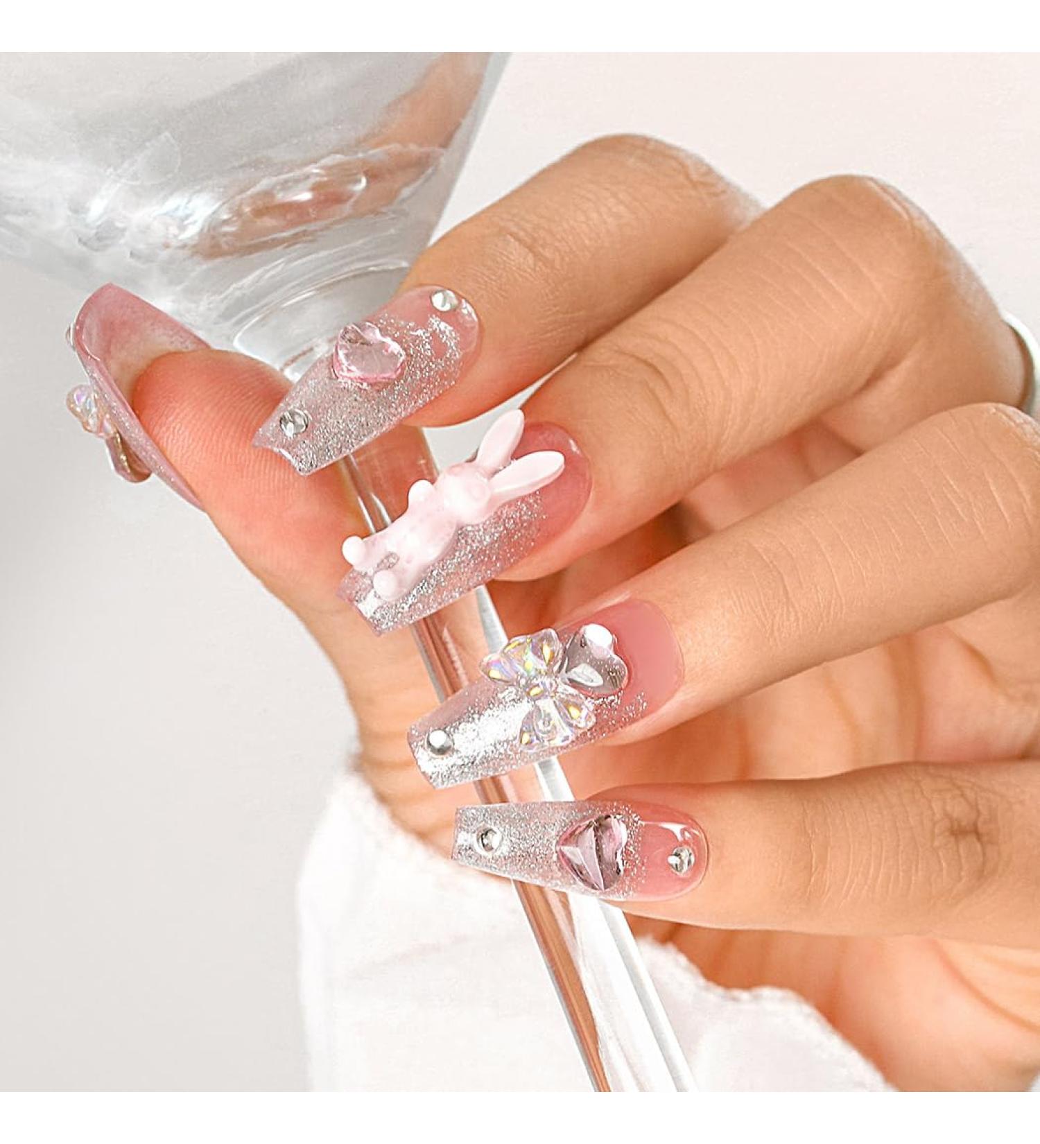 Sethexy Long Coffin False Nails - Handmade Rhinestones & Glitter Luxury 3D Acrylic Nails for Women & Girls - Buy Online on GoSupps.com