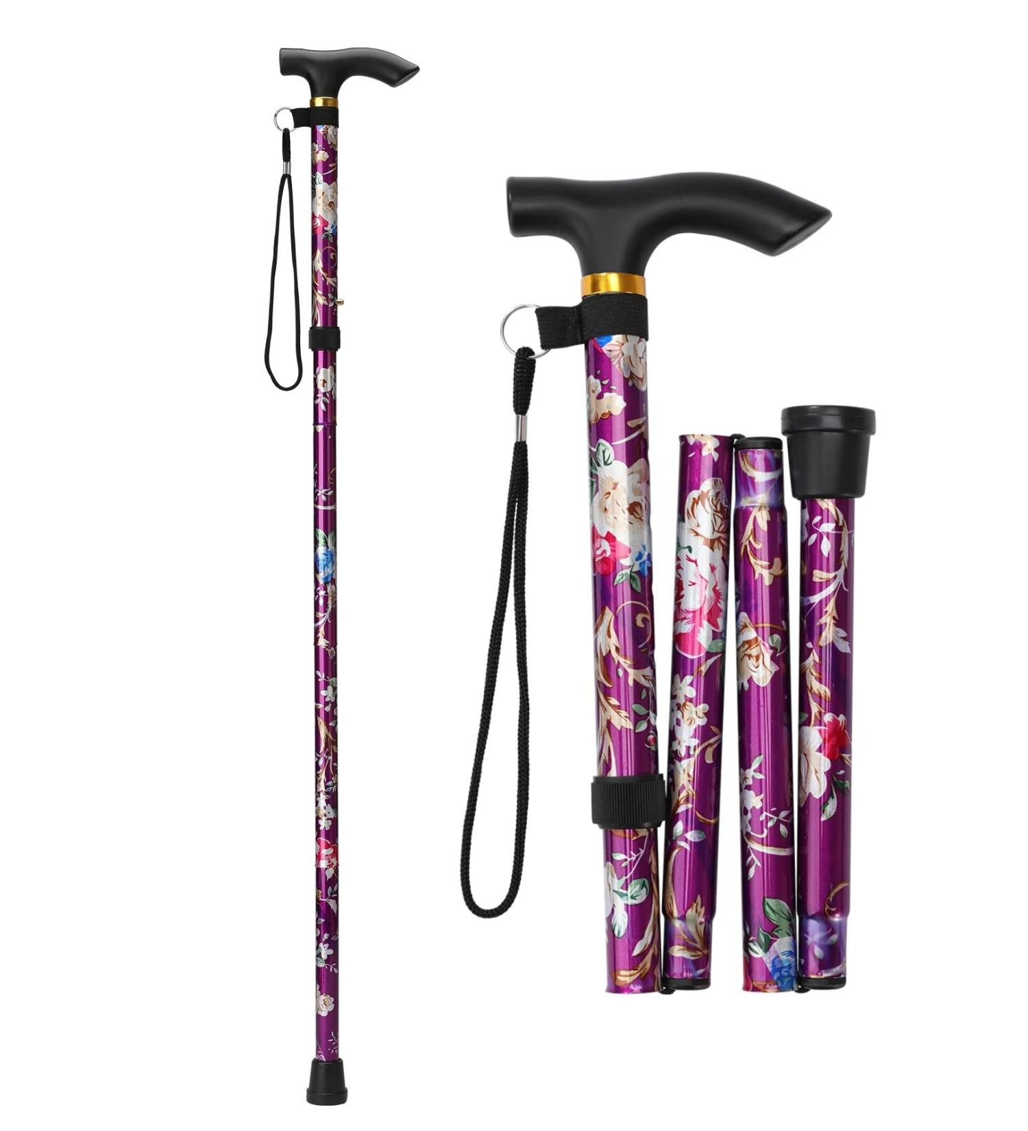 Buy Foldable Walking Sticks for Seniors - Adjustable T-Handle Walking Aids for Men & Women | Stylish Black & Violet Flower Designs - Buy Online on GoSupps.com