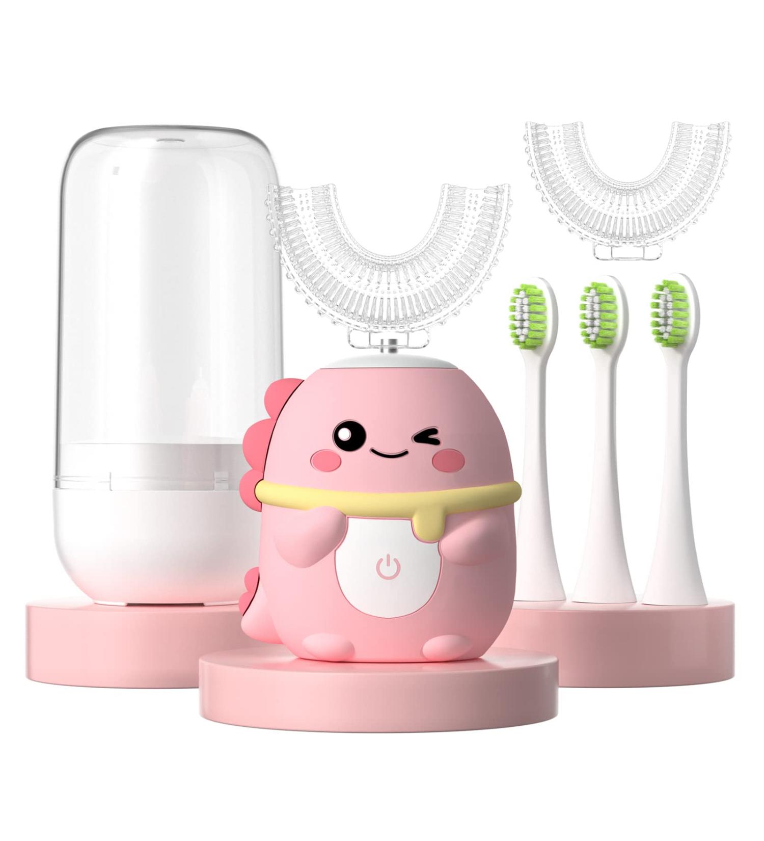 JIANLEJIA Kids Electric Toothbrush | U Shaped Toddler Sonic Toothbrush | Dinosaur Design | 5 Brush Heads | Ages 2-12 | 360 Full Mouth Cleaning | Automatic | Pink - Buy Online on GoSupps.com