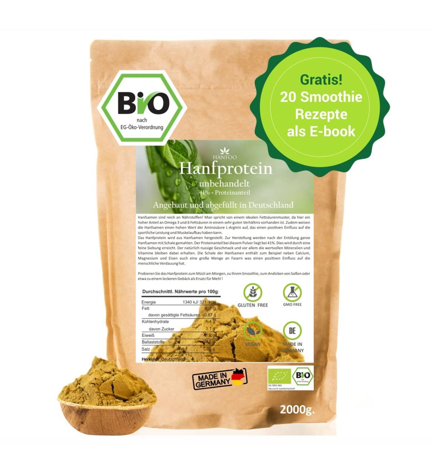 Organic Hemp Protein 2kg - Vegan German Biofeld Hemp Seed Protein + Free Recipe E-Book (PDF) - Buy Now! - Buy Online on GoSupps.com
