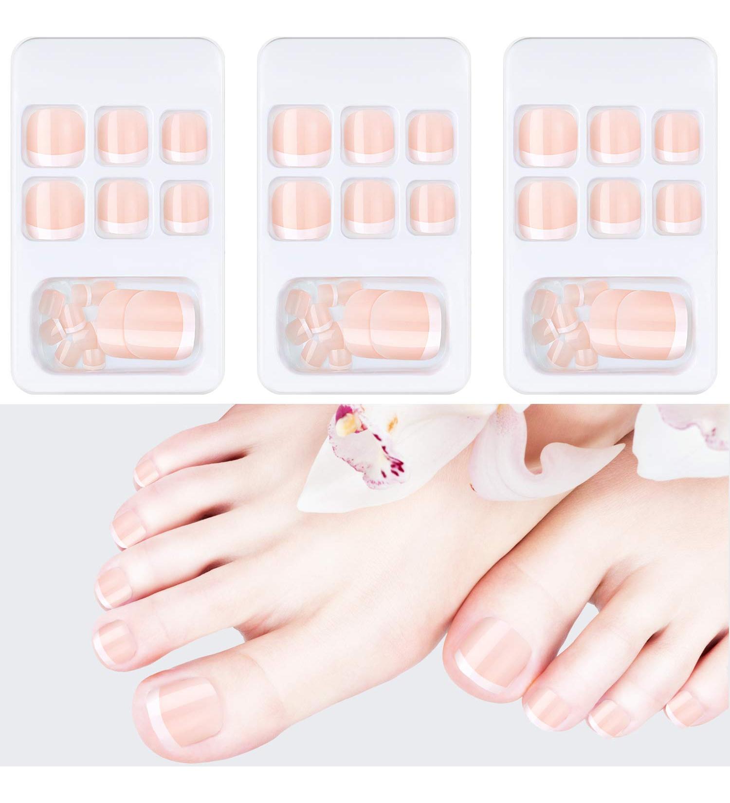 72 Pieces Light Pink French False Toenails - Shiny Square Artificial Nail Tips Kit with Nail Files - Fully Covered Short Toe Nails - International Shipping Available - Buy Online on GoSupps.com