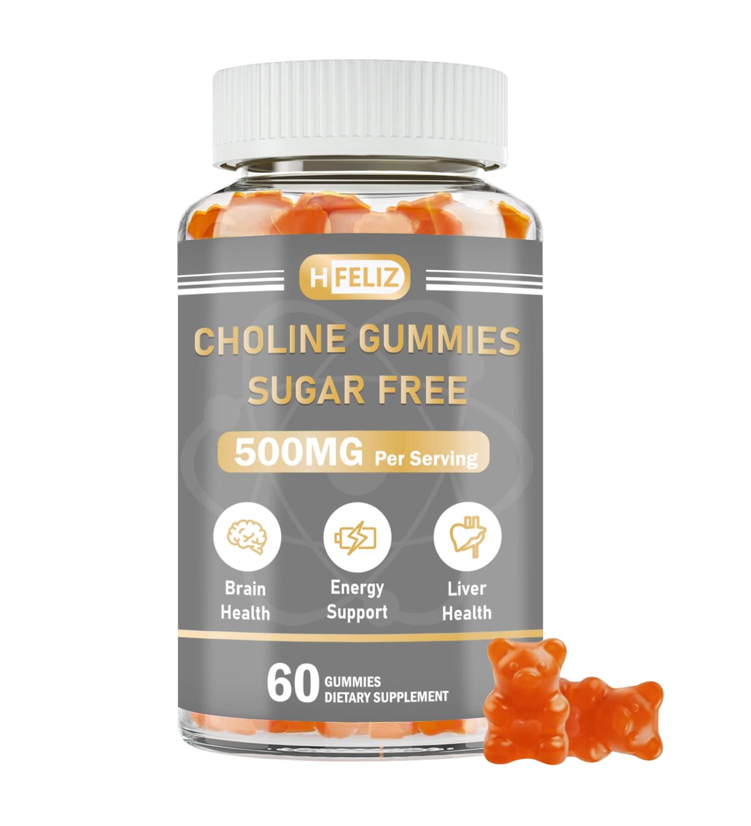 HFELIZ Choline Supplement Gummies Sugar Free, 500mg Choline Bitartrate Per Serving, Brain Health, Liver Support, Focus & Energy, 60 Gummies - Buy Online on GoSupps.com