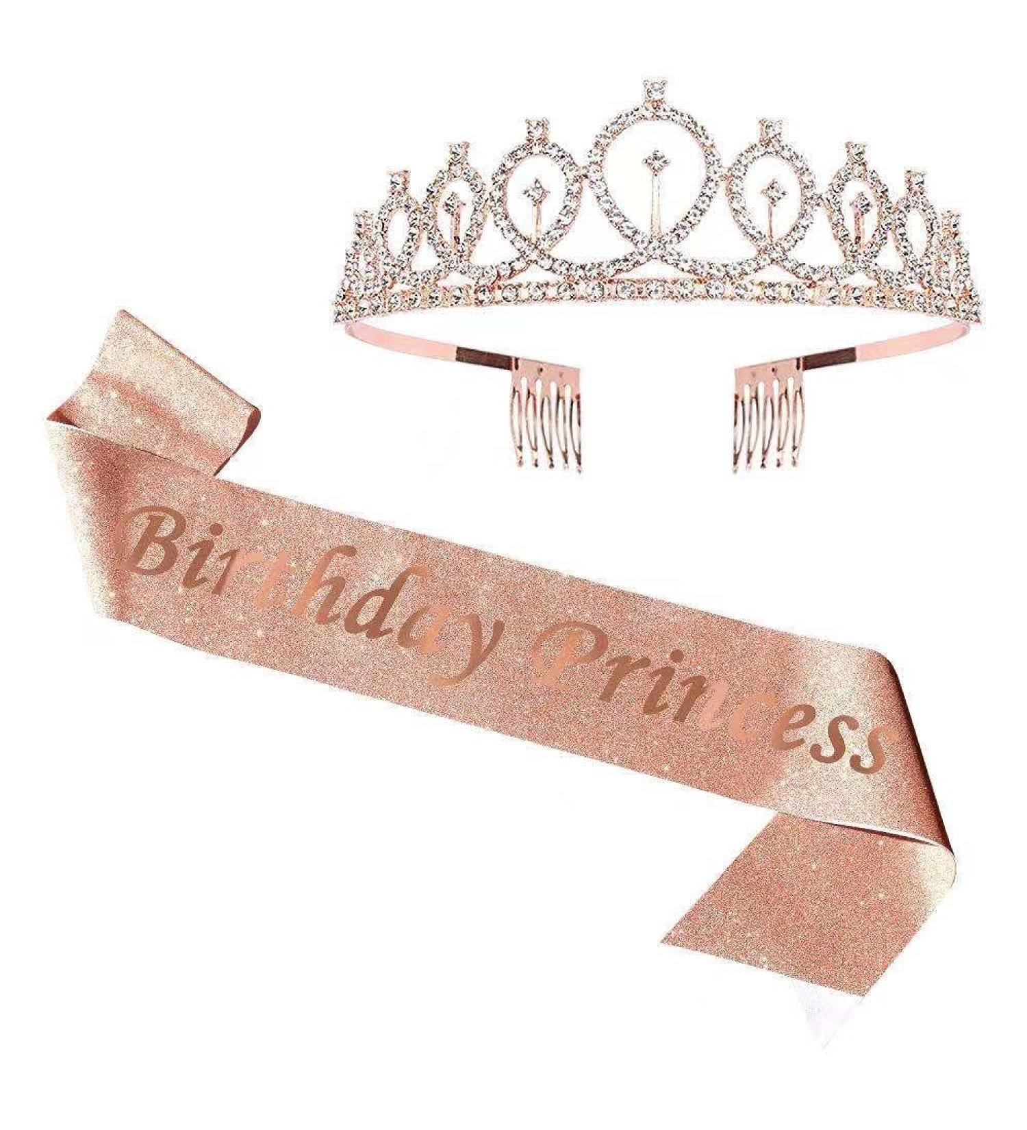 Rosavida Birthday Princess Sash and Tiara Kit - Rosegold 2-Piece Set for Women and Girls | Glitter Sash and Rhinestone Crown for Party Decoration - Buy Online on GoSupps.com
