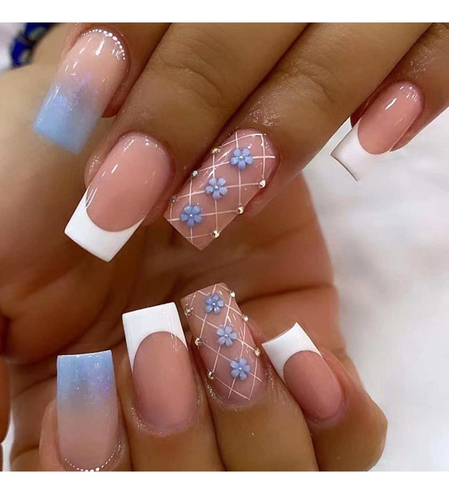 24 Pcs Square Floral Gradient Rhinestone Medium Press on Nails - Elegant Design for Women & Girls - Buy Online on GoSupps.com