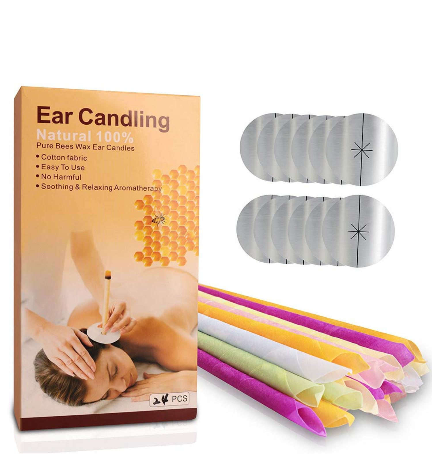 LITZEE Beeswax Ear Candles 24 Pcs Kit - Non-Toxic Ear Wax Remover Cones with Protective Disks for Blocked Ears - Buy Online on GoSupps.com