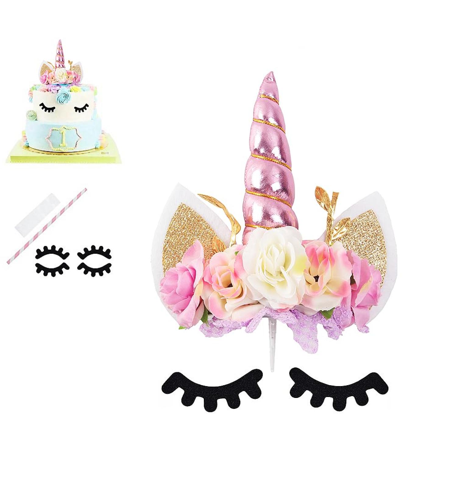 Nishine Rose Floral Unicorn Cake Topper Birthday Party Cake Decoration (Pink&Ivory) - Buy Online on GoSupps.com