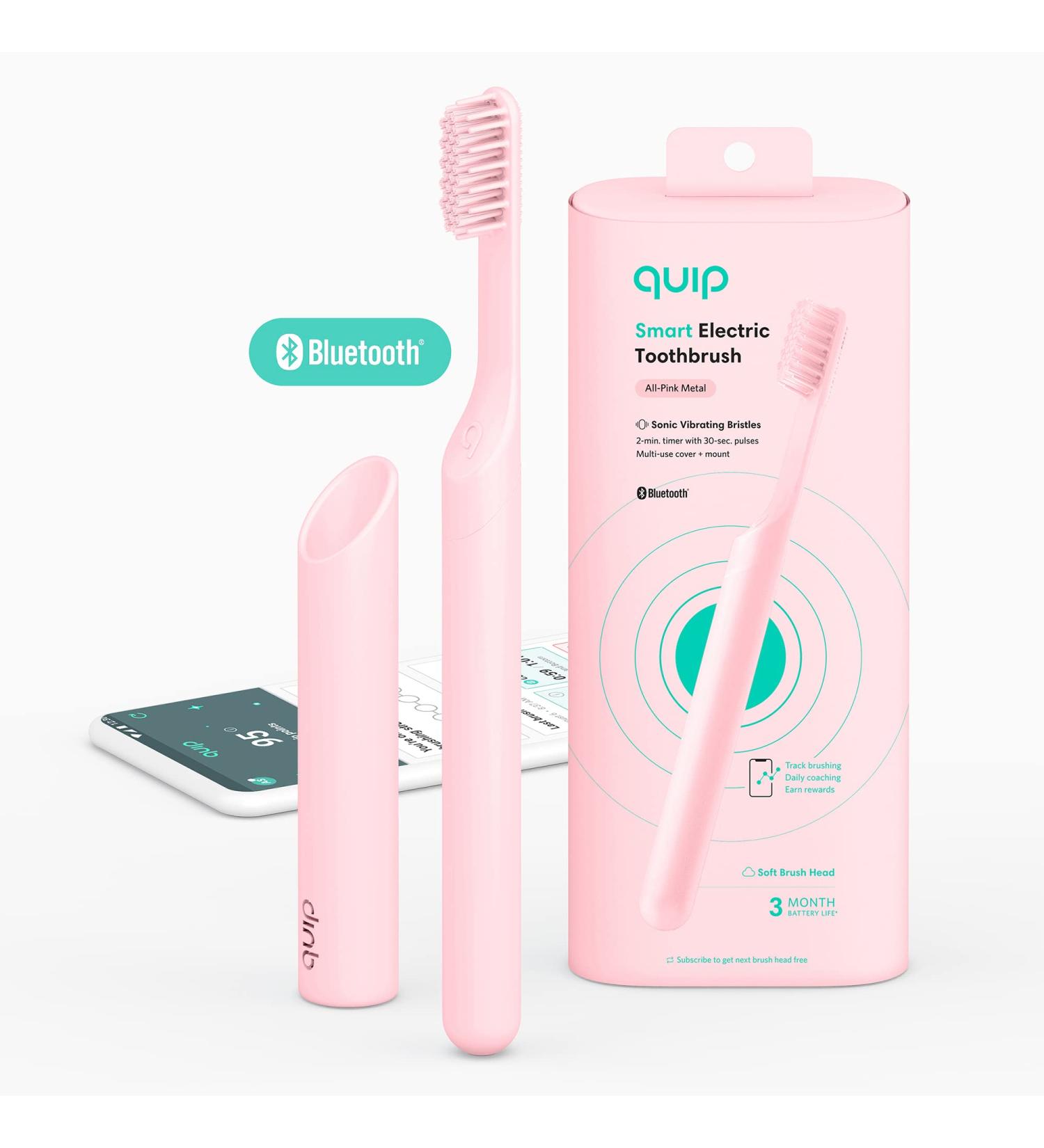 quip Smart Electric Toothbrush with Bluetooth & Rewards App - Travel-ready Sonic Toothbrush with Mirror Mount, Soft Bristles, Timer, Metal Handle - All-Pink - Buy Online on GoSupps.com