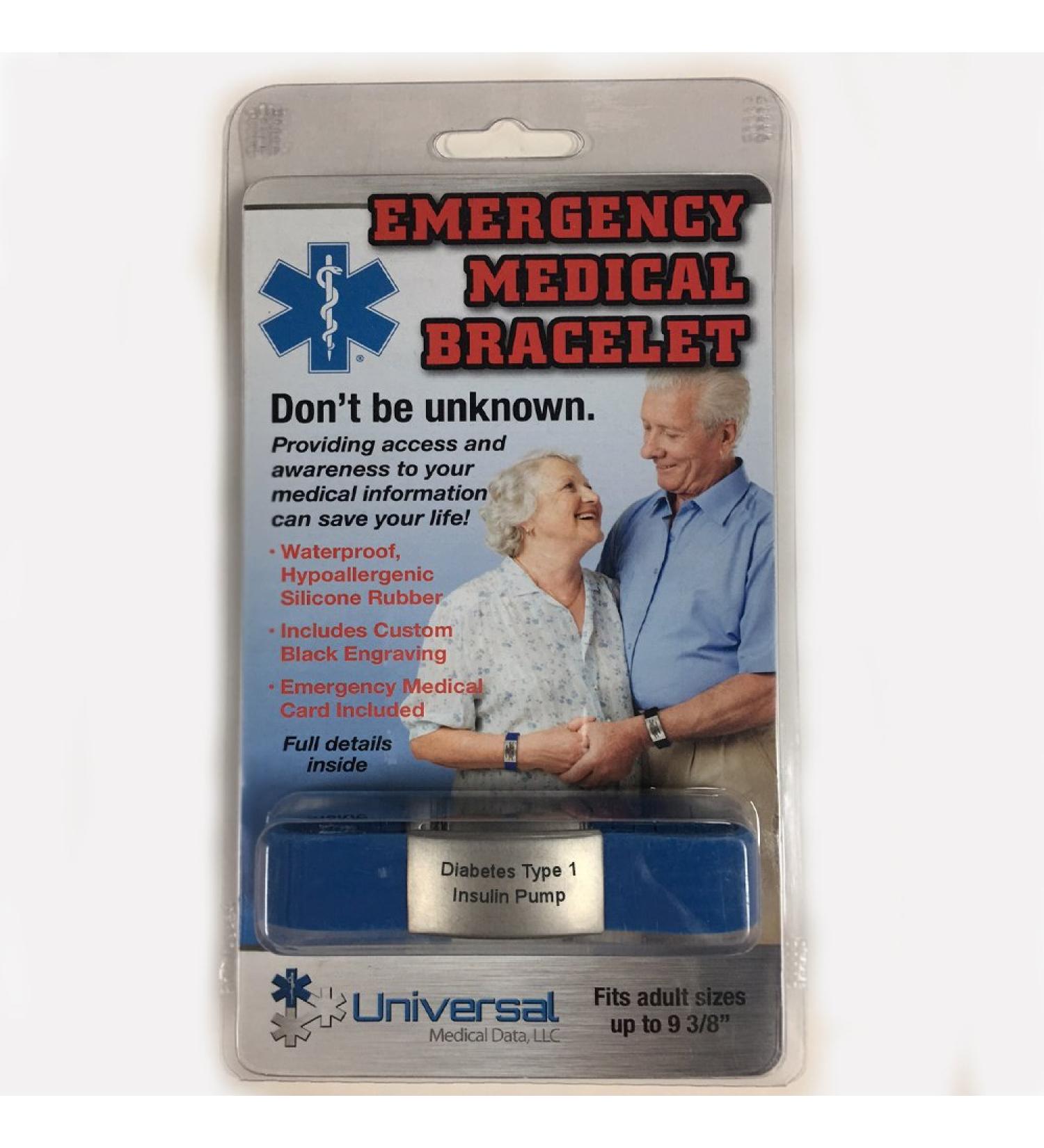 Sport Medical Alert Bracelet - Blue. Pre-engraved "DIABETES TYPE 1 INSULIN PUMP". Save 30% - Close Out Pricing! - Buy Online on GoSupps.com