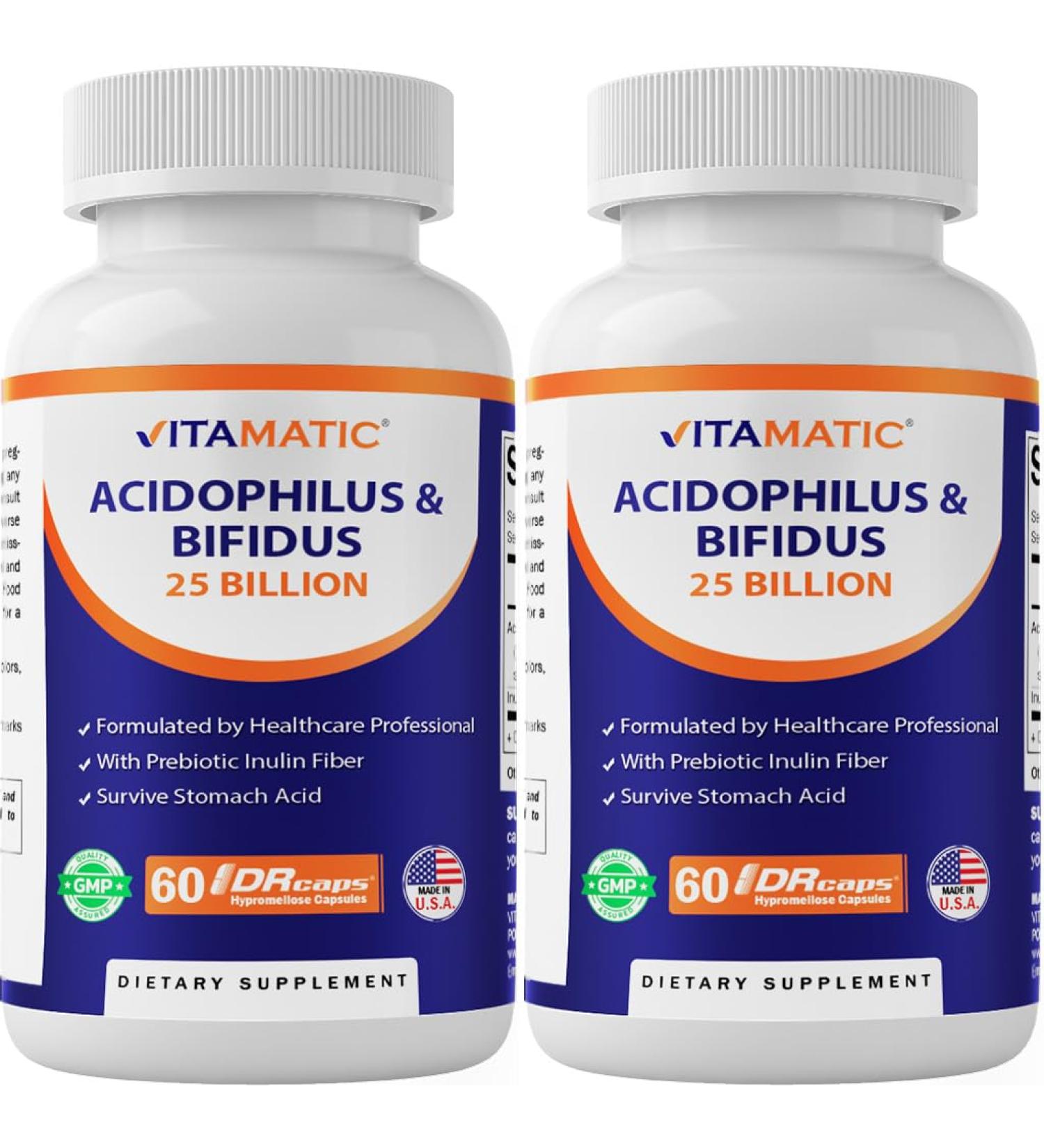 Vitamatic Acidophilus Bifidus 25 Billion DR Capsule - 60 Count - Digestive Support - Made with Prebiotic Inulin Fiber - 2 Pack (120 Count) - Buy Online on GoSupps.com