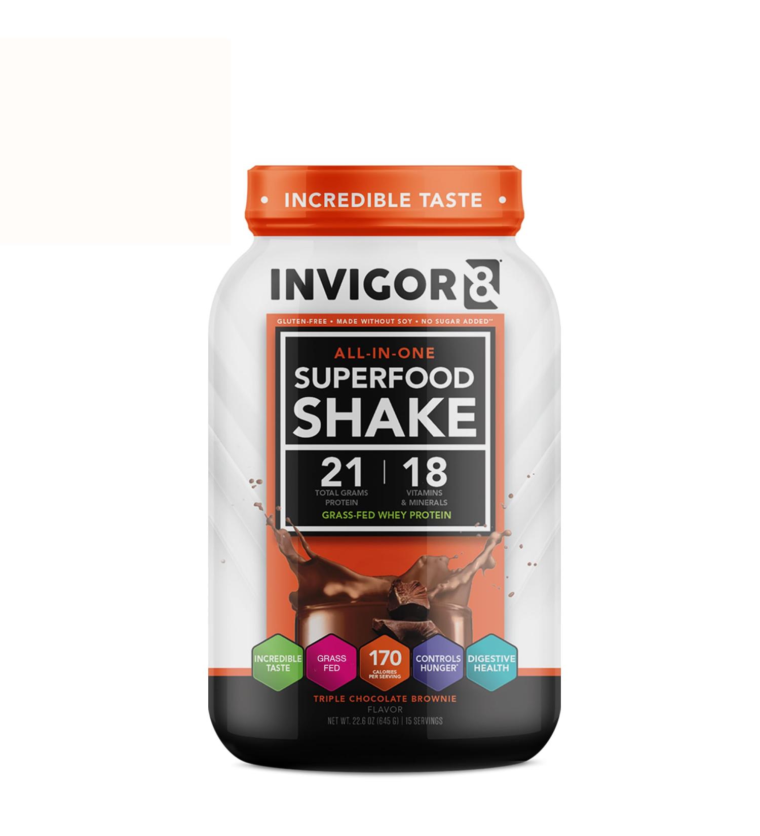 Buy INVIGOR8 Superfood Grass Fed Whey Protein Isolate Shake - Gluten-Free Non-GMO Chocolate Brownie Meal Replacement with Probiotics & Omega 3 (645g) - International Shipping Available - Buy Online on GoSupps.com