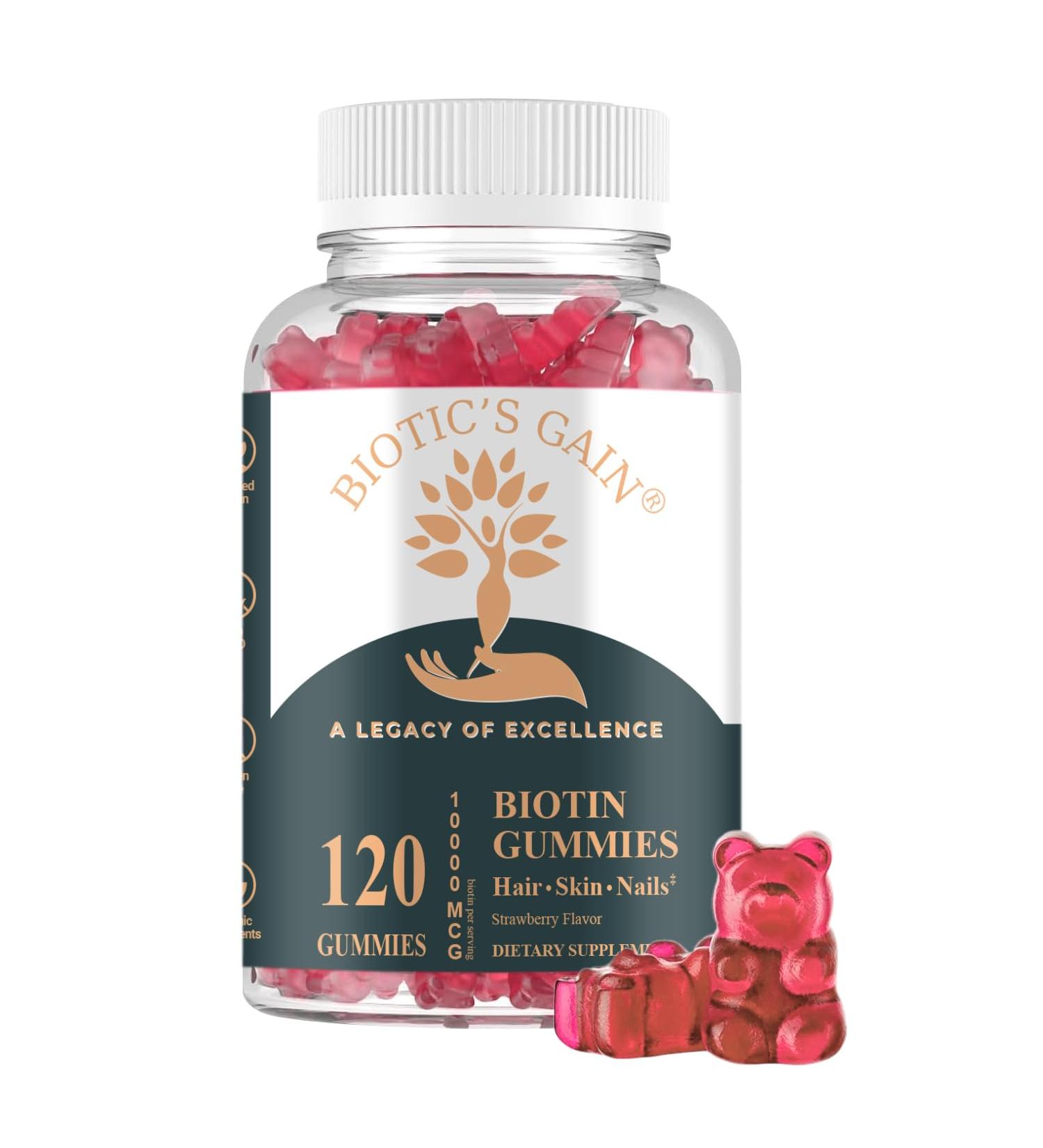 Biotic's Gain Biotin Gummies 10000 mcg Hair Skin and Nail Support with Vitamins A C D E B6 B12 and Zinc Vegan Sugar Free 120 Count - Buy Online on GoSupps.com