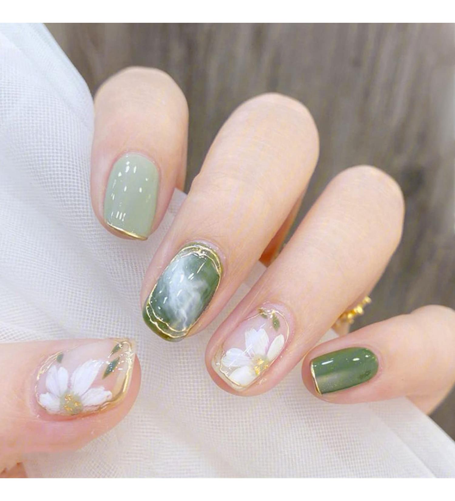 24Pcs Short Square Green Camellia French Press On False Nails | Glossy Stick-On Nails for Women | DIY Manicure Decoration - Buy Online on GoSupps.com