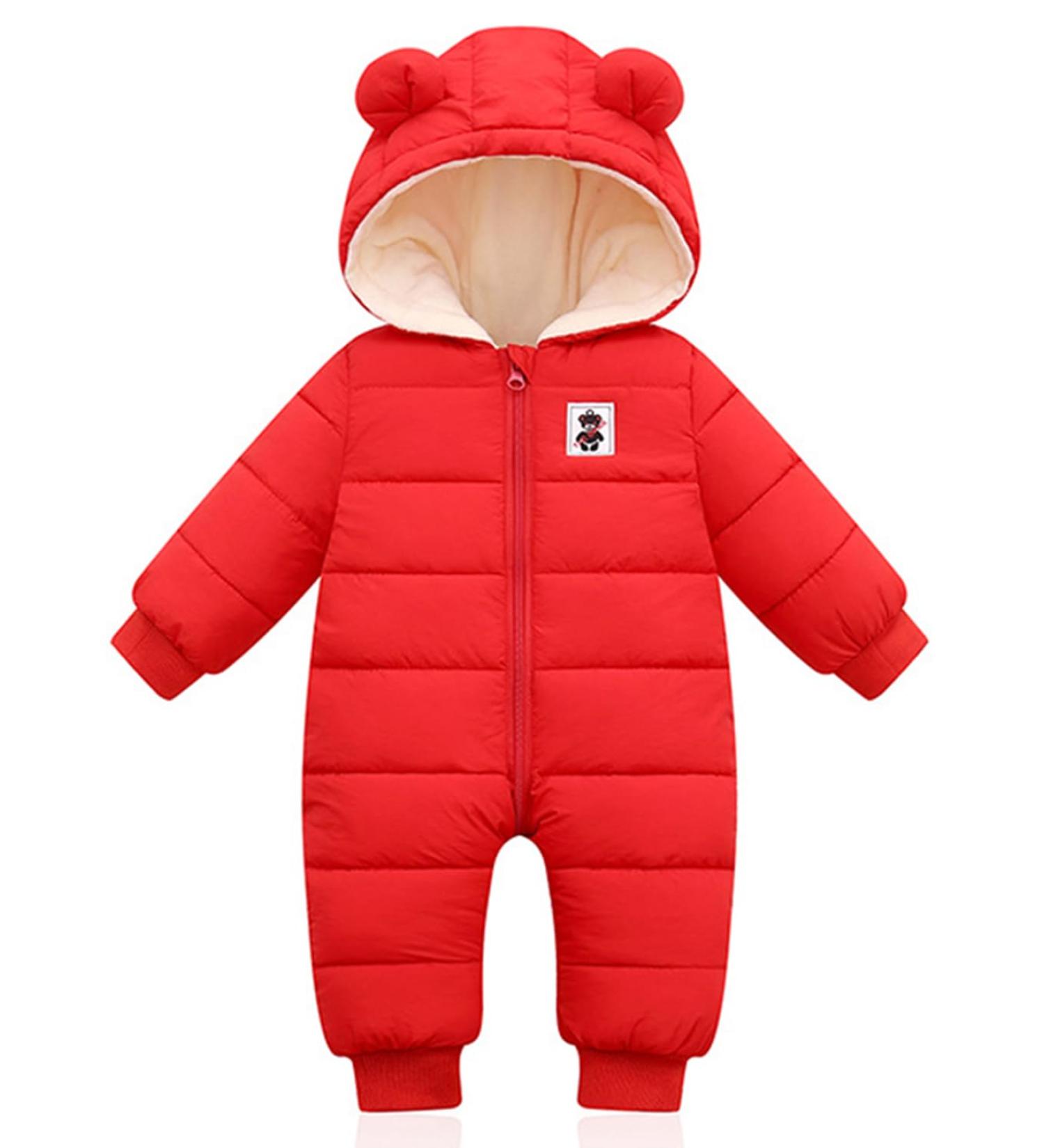 Hooded Baby Winter Romper Down Jacket | Boys Girls Snowsuit Coat | Warm Kids Bodysuit Outfit | Red 6-9 Months - Buy Online on GoSupps.com