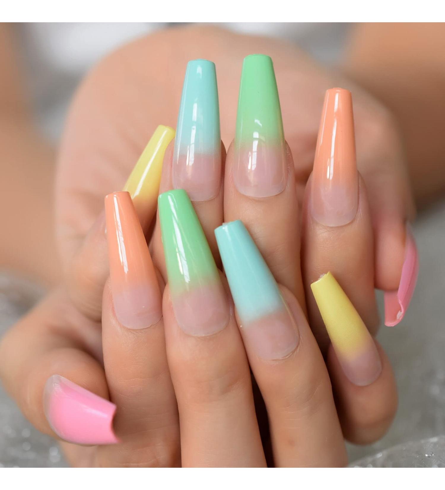 Rainbow Ombre Coffin Fake Nails Set - Glossy Nude Ballet Acrylic False Nail Tips for Women - Buy Online on GoSupps.com